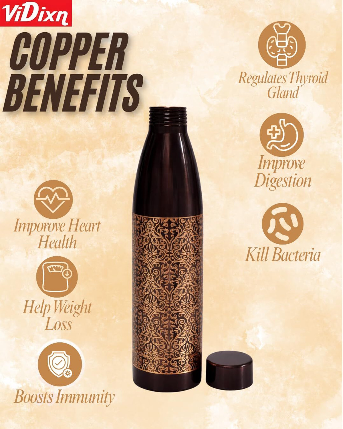 Image of viDixn 100% Pure Copper Water Bottle Leak-Proof Copper Bottle for Drinking Water 950 ml Copper Bottle