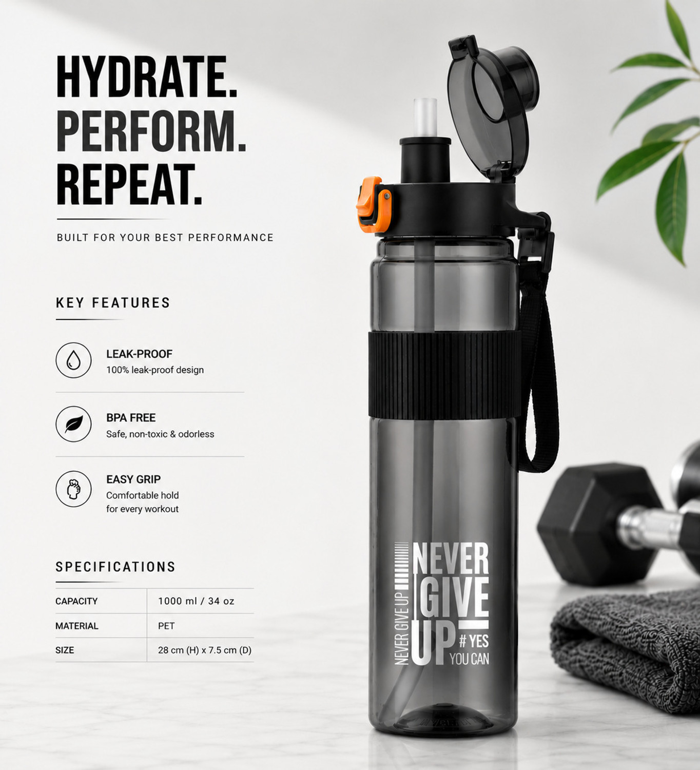 Image of DhaBrij 1 Pcs Motivational Black Bottle - 2Ltr 1000 ml Plastic Bottle