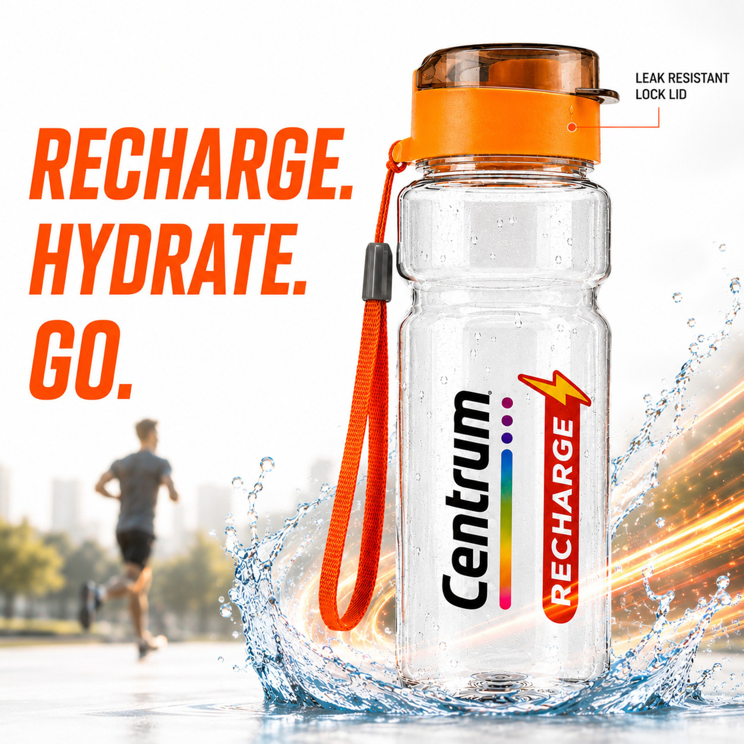 Image of Centrum Sports Water Bottle with Carry Strap, BPA Free, Leak Resistant 750 ml Plastic Bottle