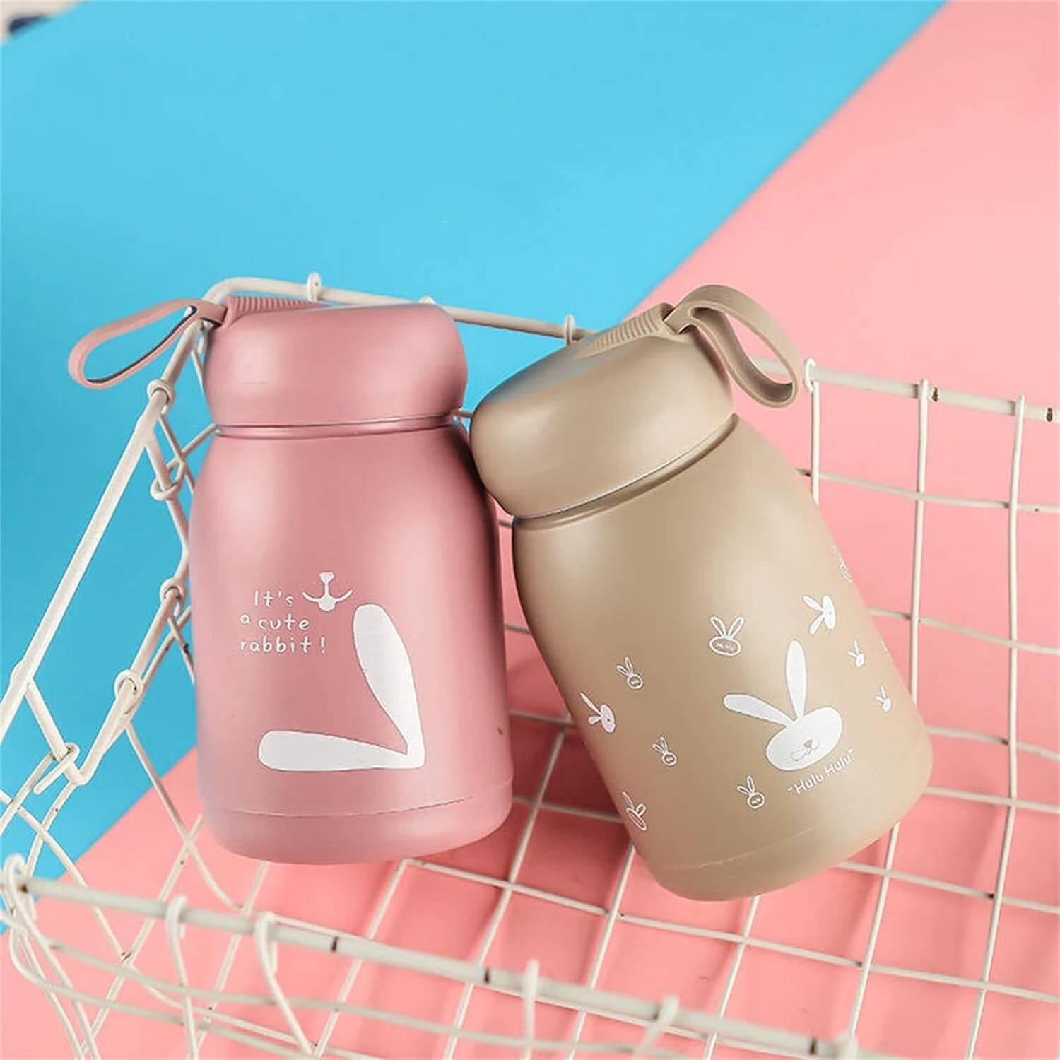Adhunyk Little Rabbit Print Glass Water Bottle with Silicone Plastic Leak Proof 320 ml Glass Bottle
