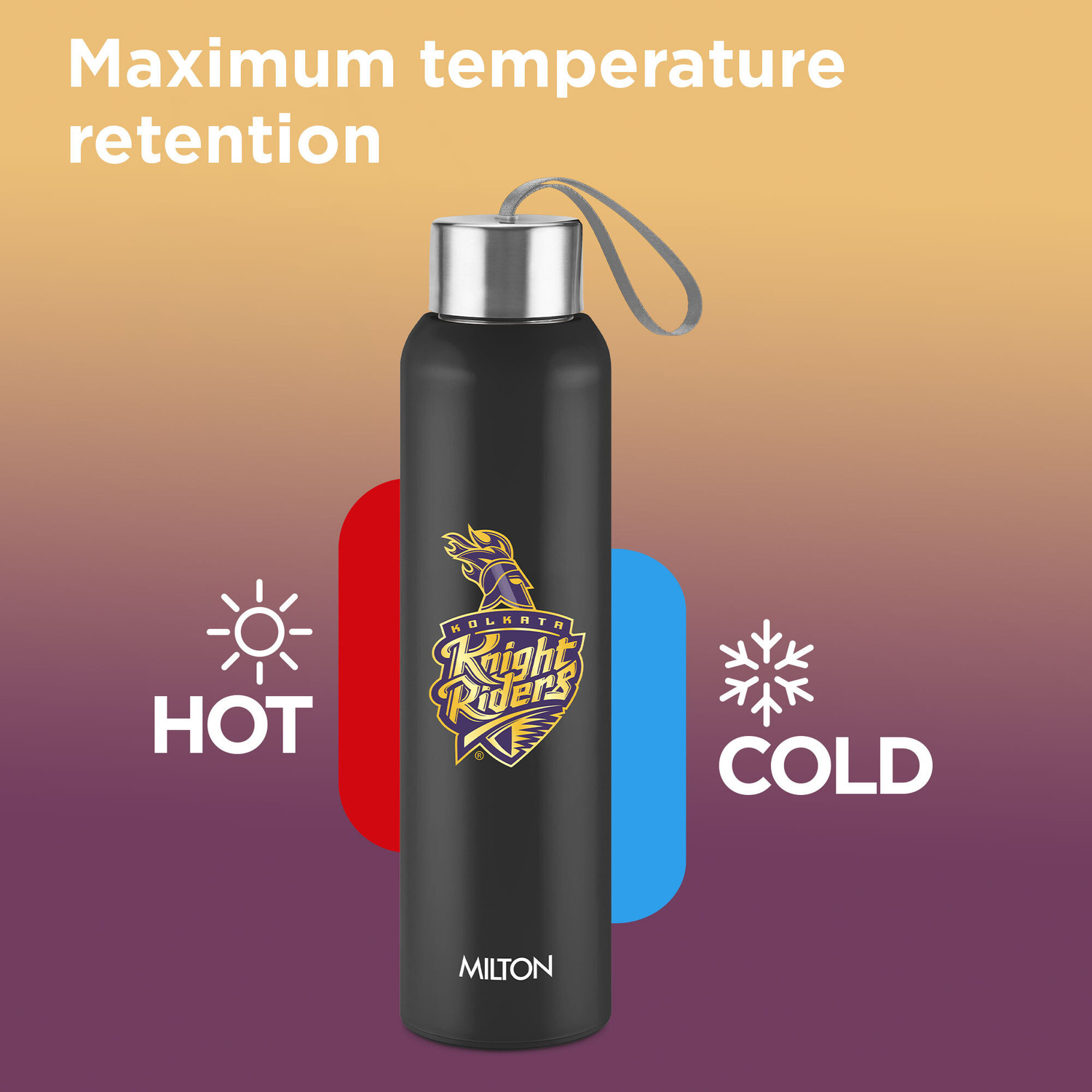 Image of MILTON Sports Steel Halo 900 IPL Cricket PU Insulated Bottle, 600 ml, KKR Black 600 ml Stainless Steel Bottle