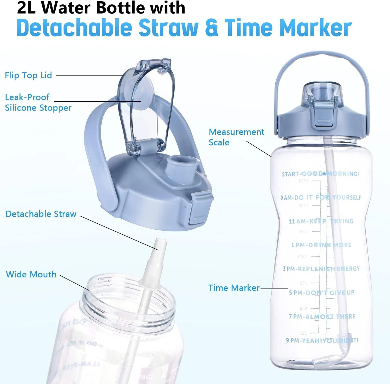 Image of AANZIA Large-Capacity transparent Water Bottle Motivational 2000 ml Bottle 2000 ml Plastic Bottle