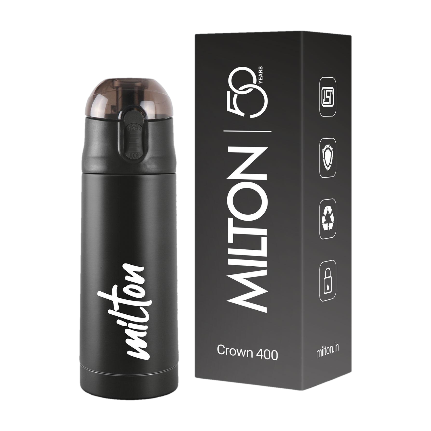 MILTON New Crown 400 Thermosteel Water Bottle, ISI Certified, 24 Hr Hot and Cold 350 ml Stainless Steel Flask — Lunch Boxes & Tiffins