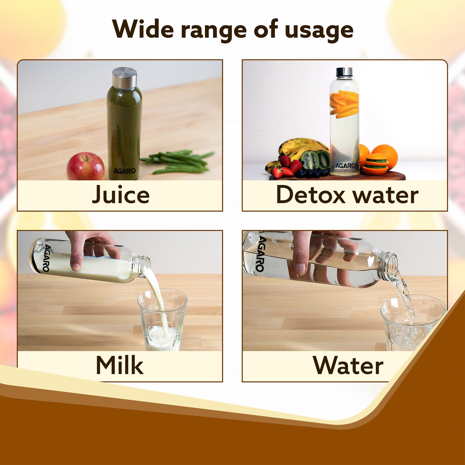 Image of AGARO Elite Borosilicate Glass Bottles Pack of 3 1000 ml Glass Bottle