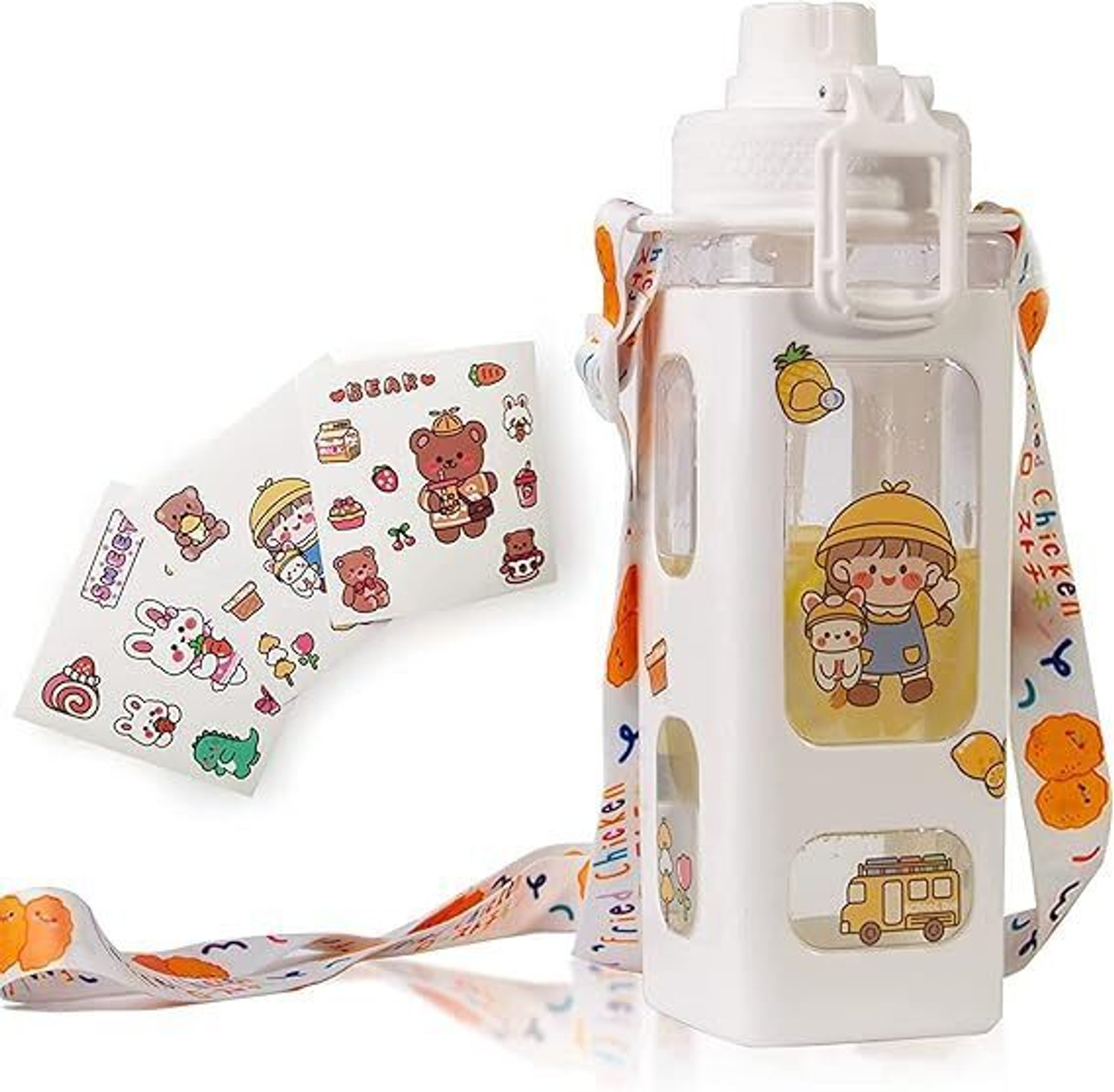 Image of DHANVI ENTERPRISE Cute 700ml Kawaii Water Bottle with Straw 3D Sticker and Stickers with belt 700 ml Plastic Sipper