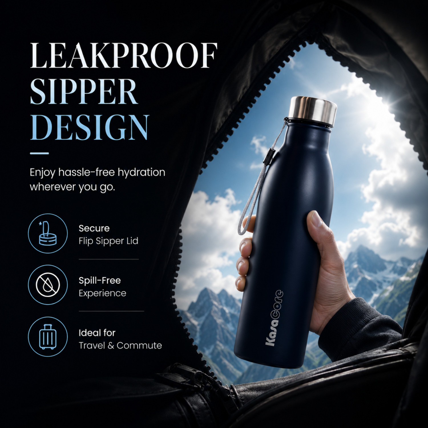 Image of KasaCore Stainless Steel Water Bottle | Leakproof Bottle for Gym & Office | 1000 ml Stainless Steel Bottle