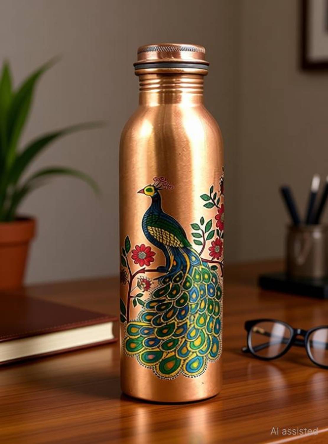 BRIJAZA Peacock printed 100% Pure copper water bottle Lacquer coated 950 ml Copper Bottle