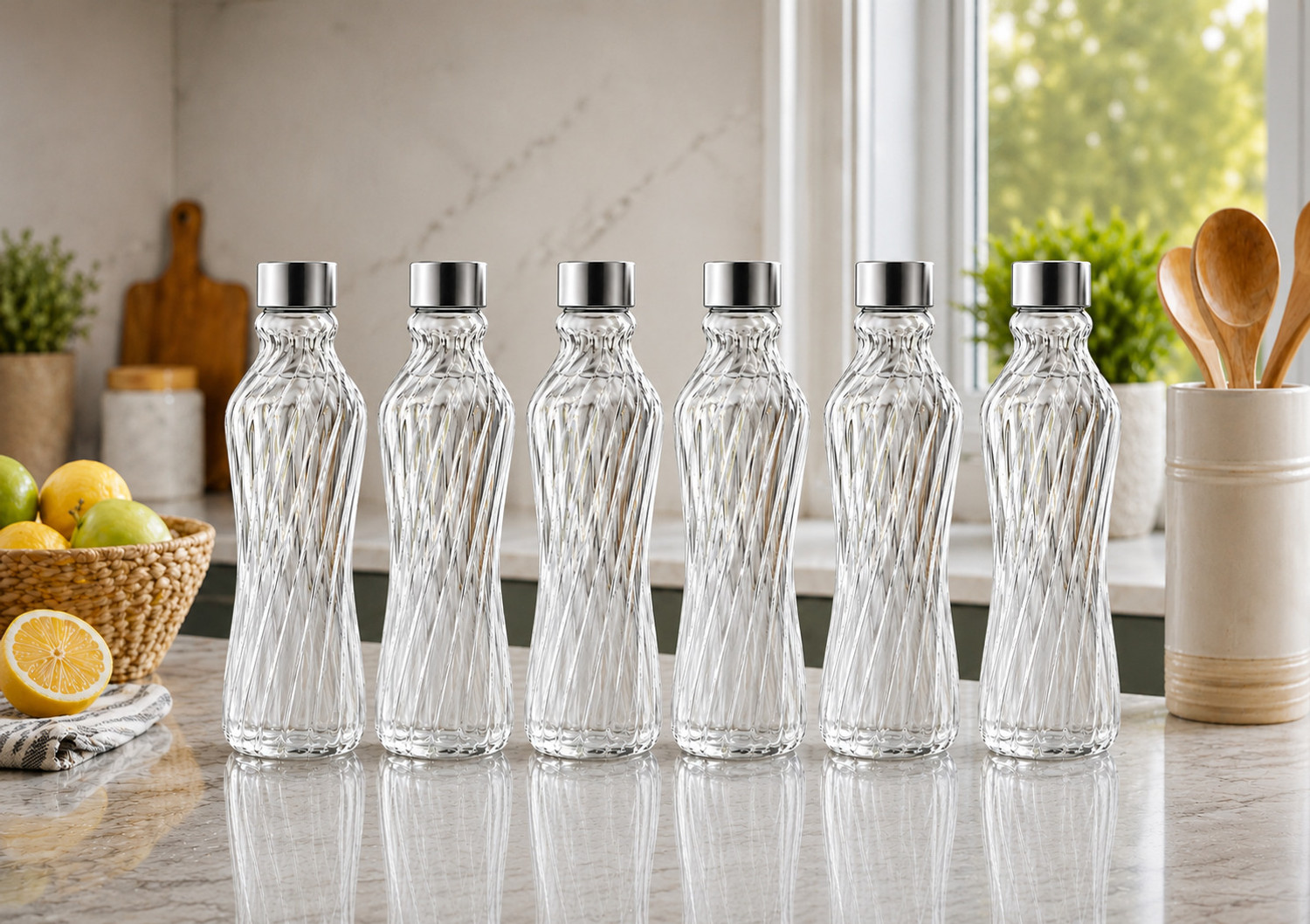 Image of KanchKart Premium Twisted Glass Water Bottle (Pack of 4) 1000ML, Leak Proof 1000 ml Glass Bottle