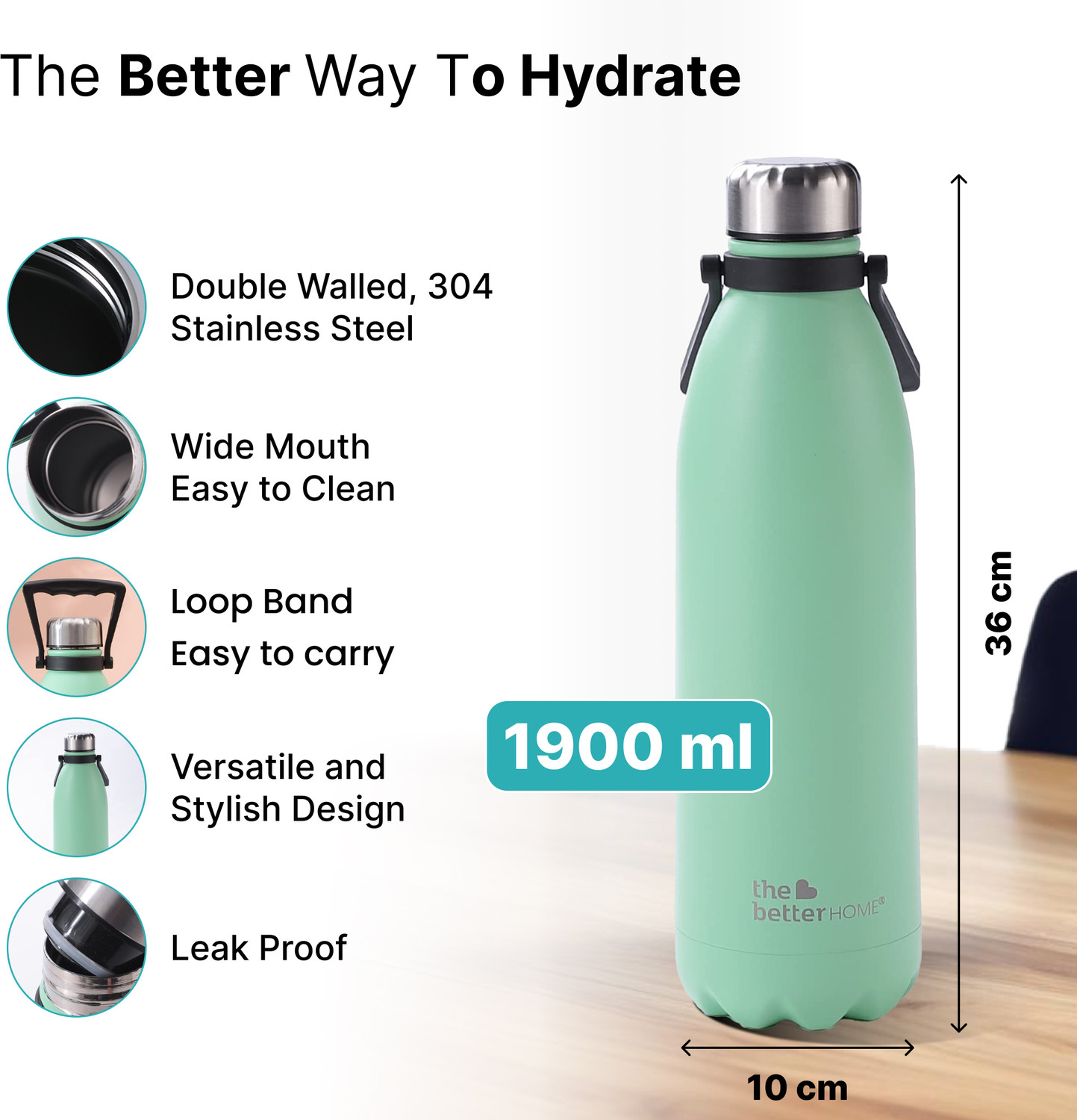 Image of The Better Home Insulated Water Bottles for Office, Camping, Travel 1900 ml Steel Bottle