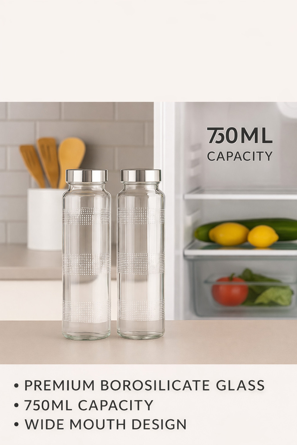 Image of shraj Transparent Water and Juice Glass Bottle with Leak-Proof, with Air Tight Lid 750 ml Glass Bottle