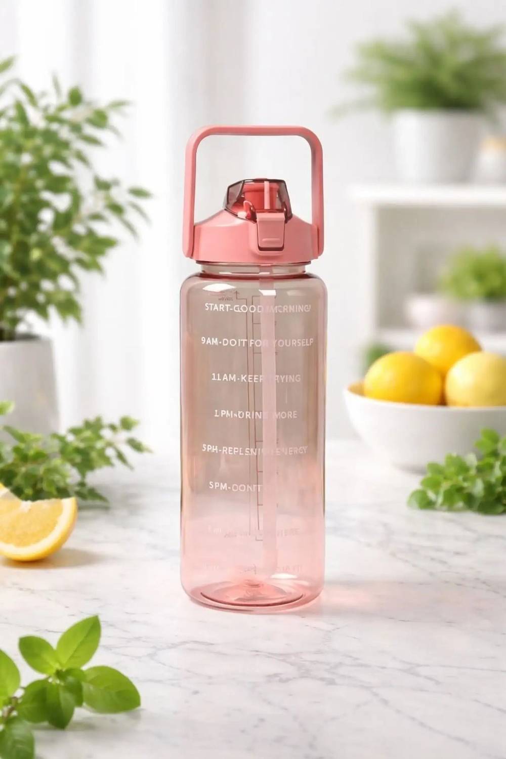 Aurav Pink Transparent Time Marker Water Bottle with Straw & Handle 2000 ml Plastic Bottle