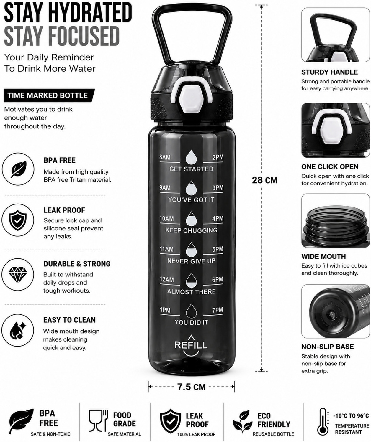 Image of kitchkart Motivational Water Bottle for Gym, Office & Travel 980 ml Plastic Bottle