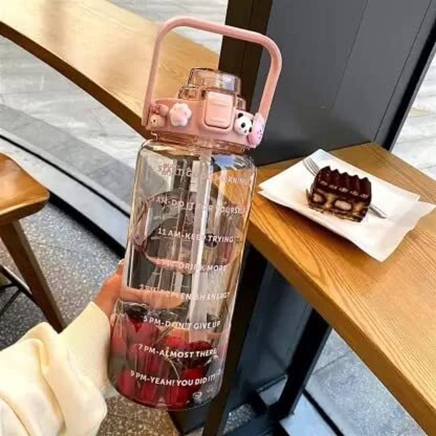 4tens Transparent Motivational Water Bottles, Time Marker Big Bottle with Straw&Handle 2000 ml Plastic Bottle