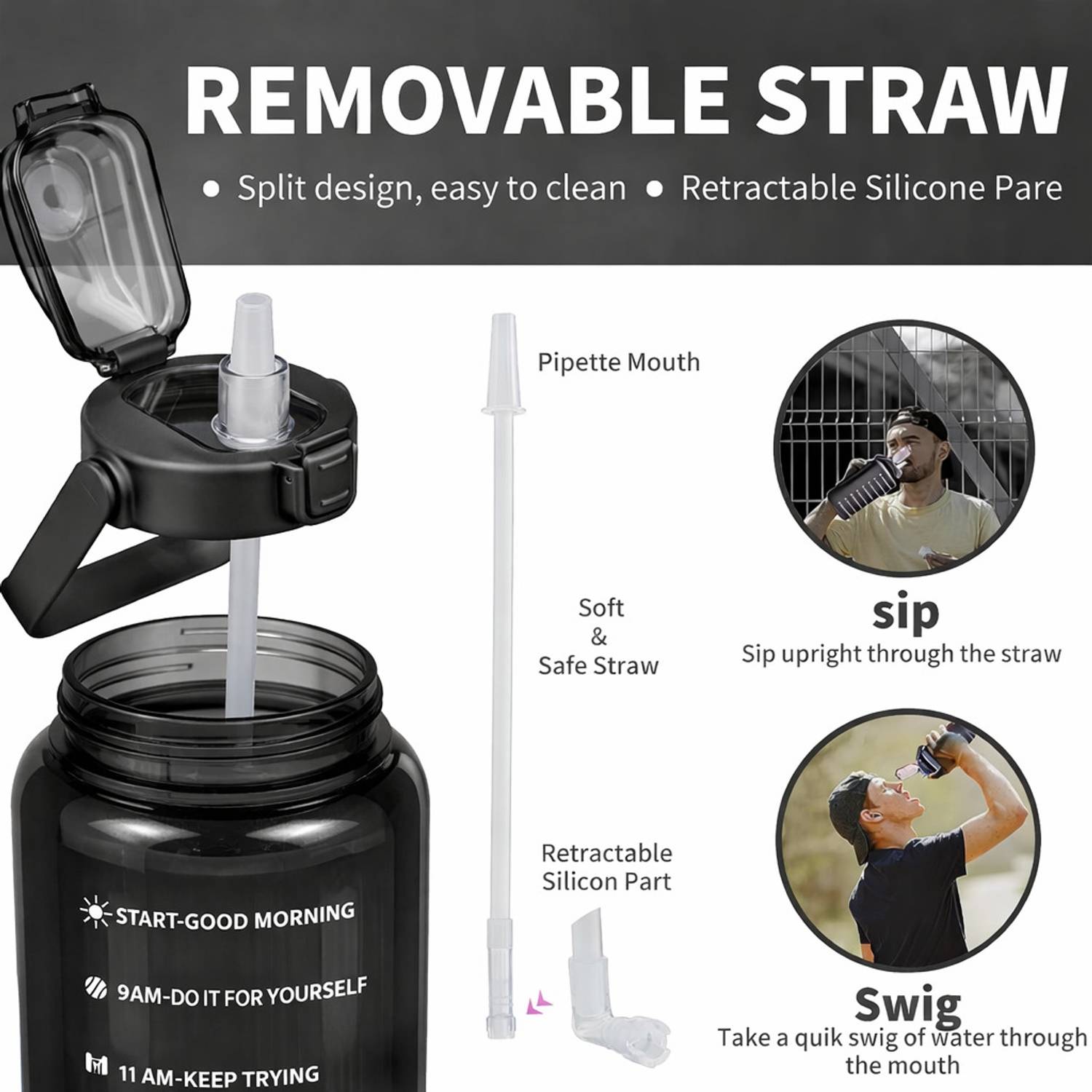 BELLERBIRD Motivational 2000ml Black Plastic Bottle - Image 3