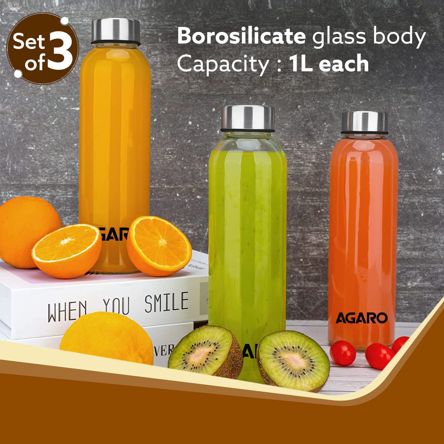 Image of AGARO Elite Borosilicate Glass Bottles Pack of 3 1000 ml Glass Bottle