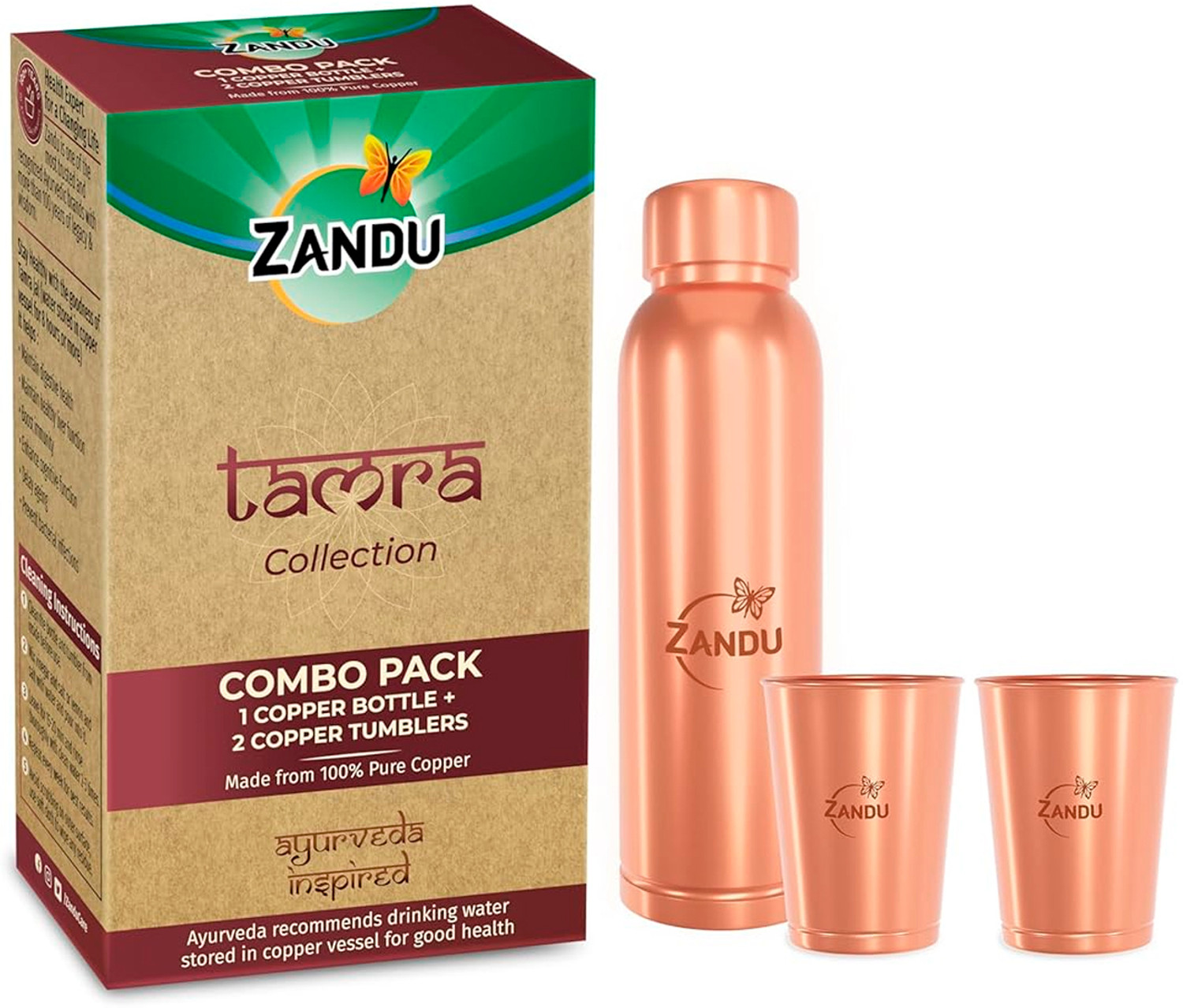 Image of ZANDU Gift Set Pack (1 Bottle & 2 Tumbler) 1550 ml Copper Bottle With Drinking Glass