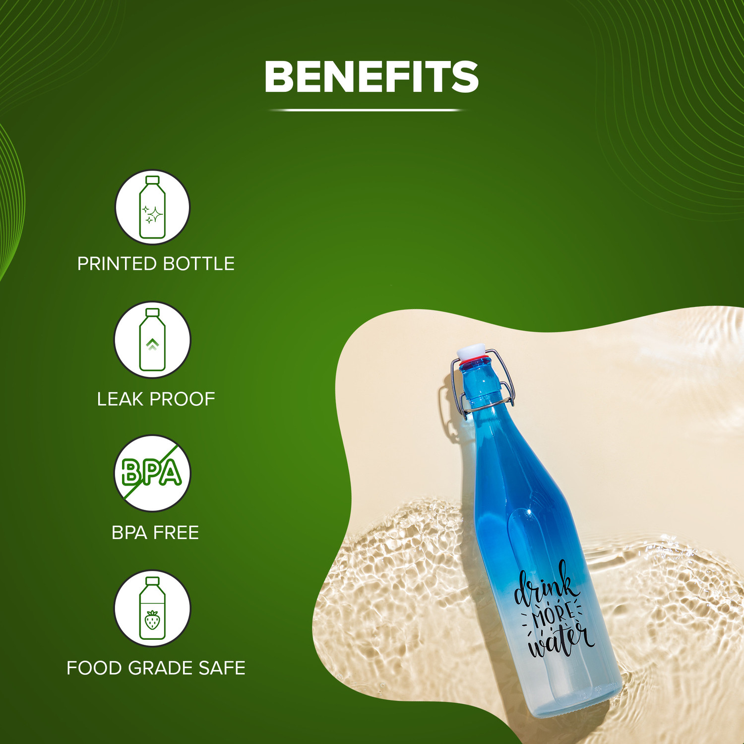 Image of Sand Dune Drink More Glass clip top cap with flip top cap,Leak-Proof,Reusable decorative 1000 ml Glass Bottle