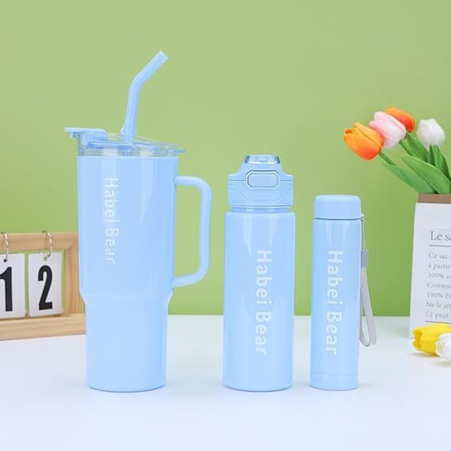 Image of TRINGDOWN Tumbler with Straw, Sport Bottle and Small Flask (1200ml, 800ml, 300ml) 1200 ml Plastic Sipper