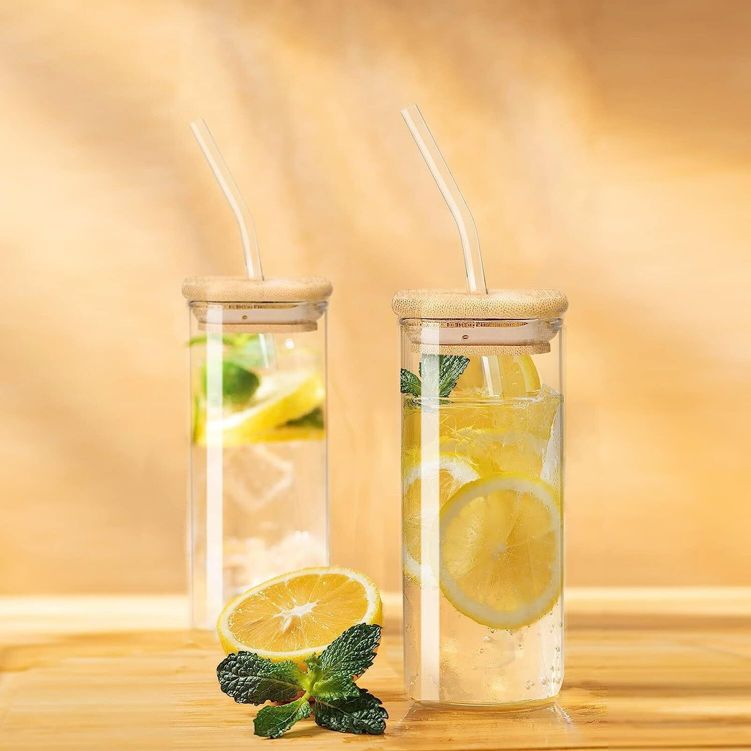 Image of kelvee Glass Tumbler with Bamboo Lids and Glass Straw, Square Shaped Drinking Glasses 350 ml Glass Shaker