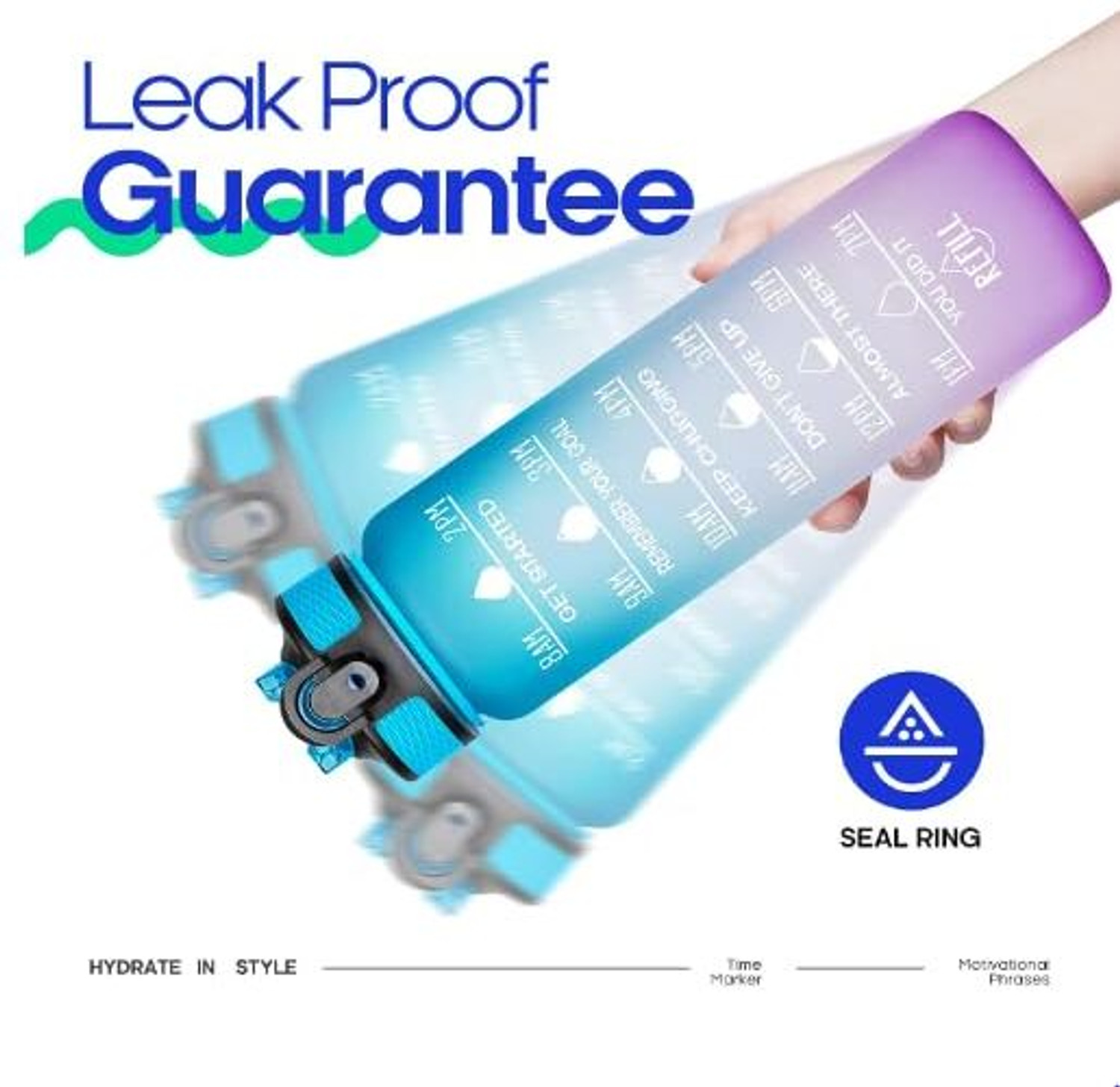 Image of Eclet Motivational Water Bottle with Time Markers. 1000 ml Plastic Bottle