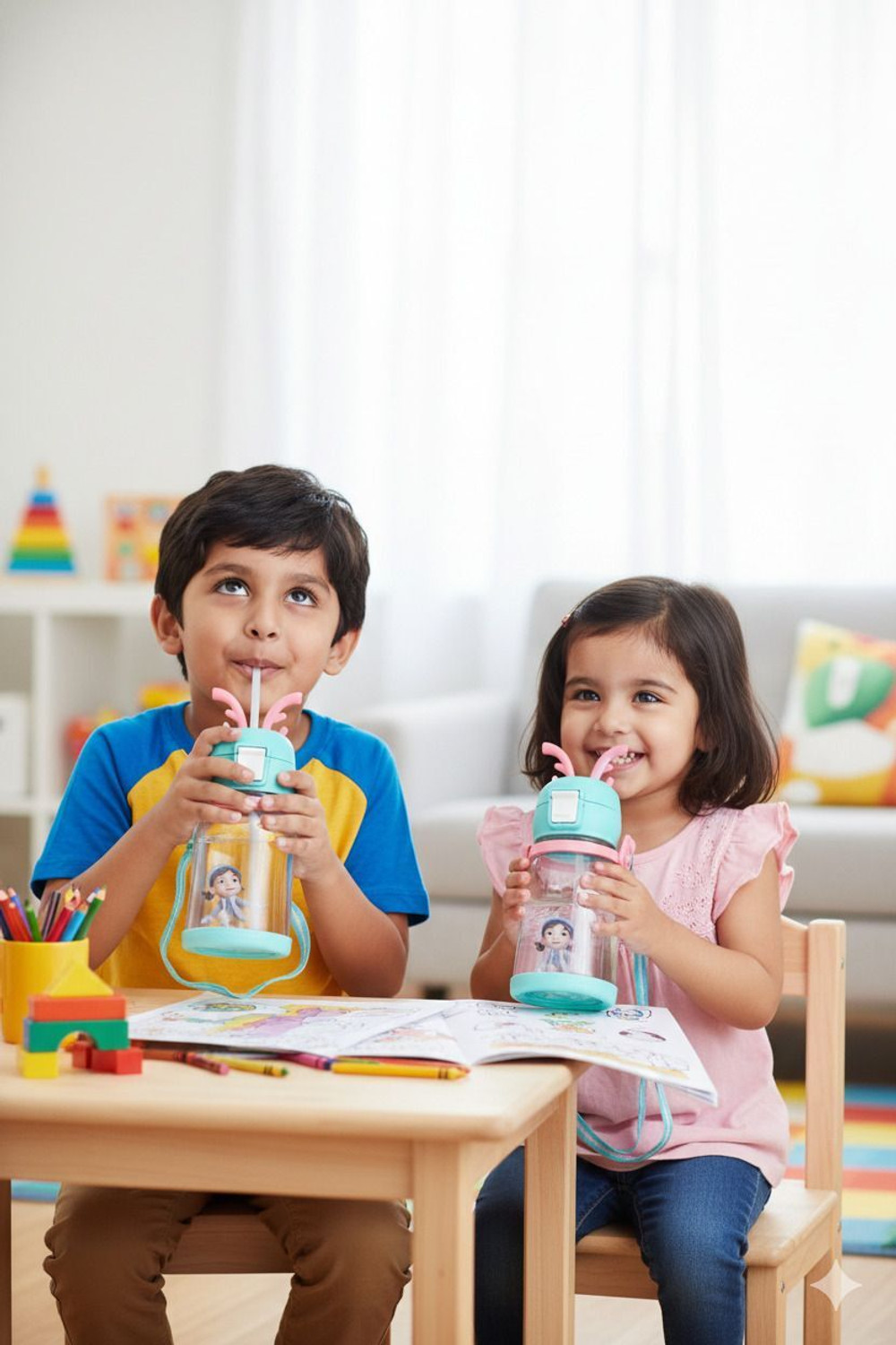 Image of BELLERBIRD Cartoon Design Bottle with Straw & Strap , Anti-Leak Proof Water Bottle for Kids 600 ml Plastic Bottle