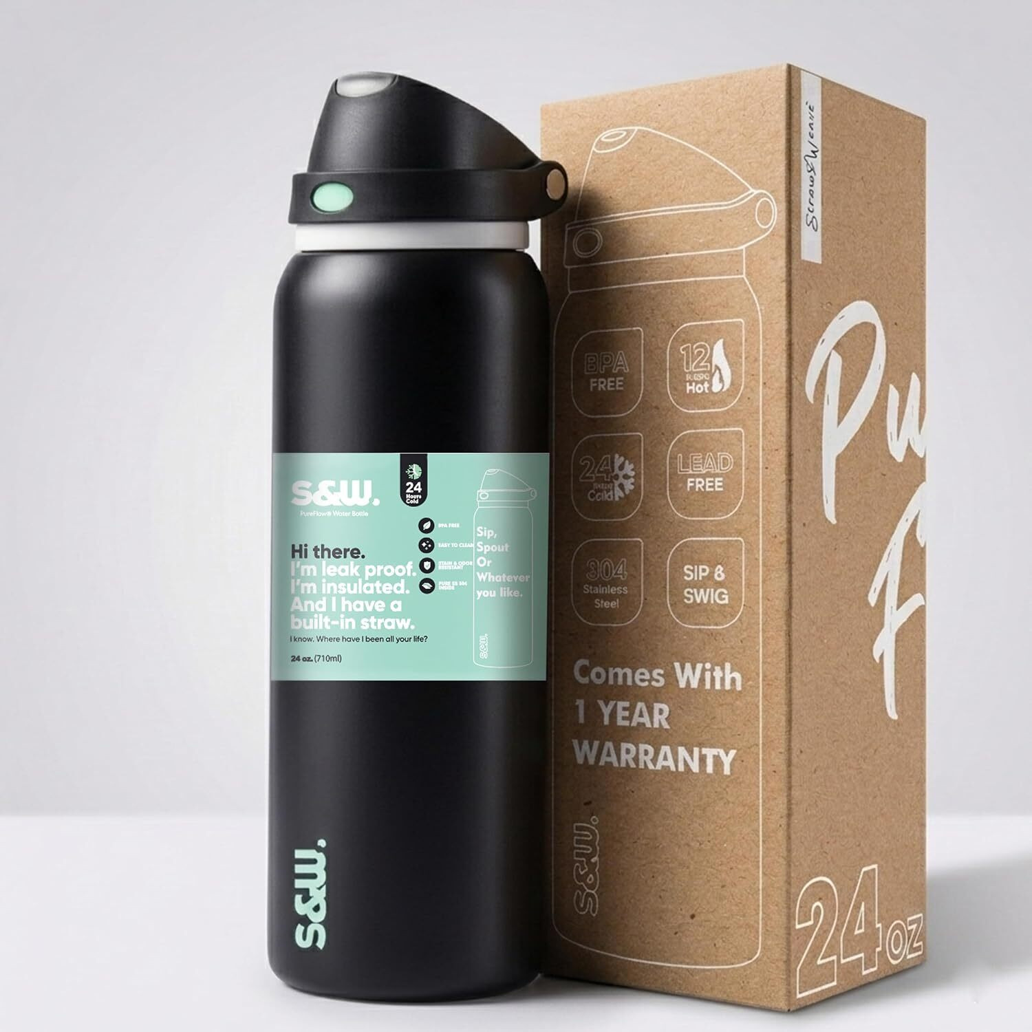Image of Straw&Weave PureFlow Steel Water Bottle - 24h Cold, Straw & Handle, BPA Free 710 ml Stainless Steel Bottle