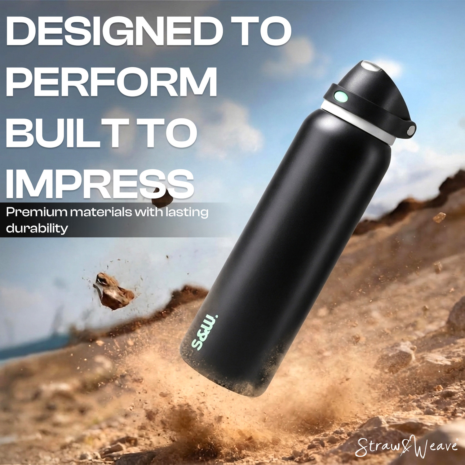 Image of Straw&Weave PureFlow Steel Water Bottle - 24h Cold, Straw & Handle, BPA Free 710 ml Stainless Steel Bottle