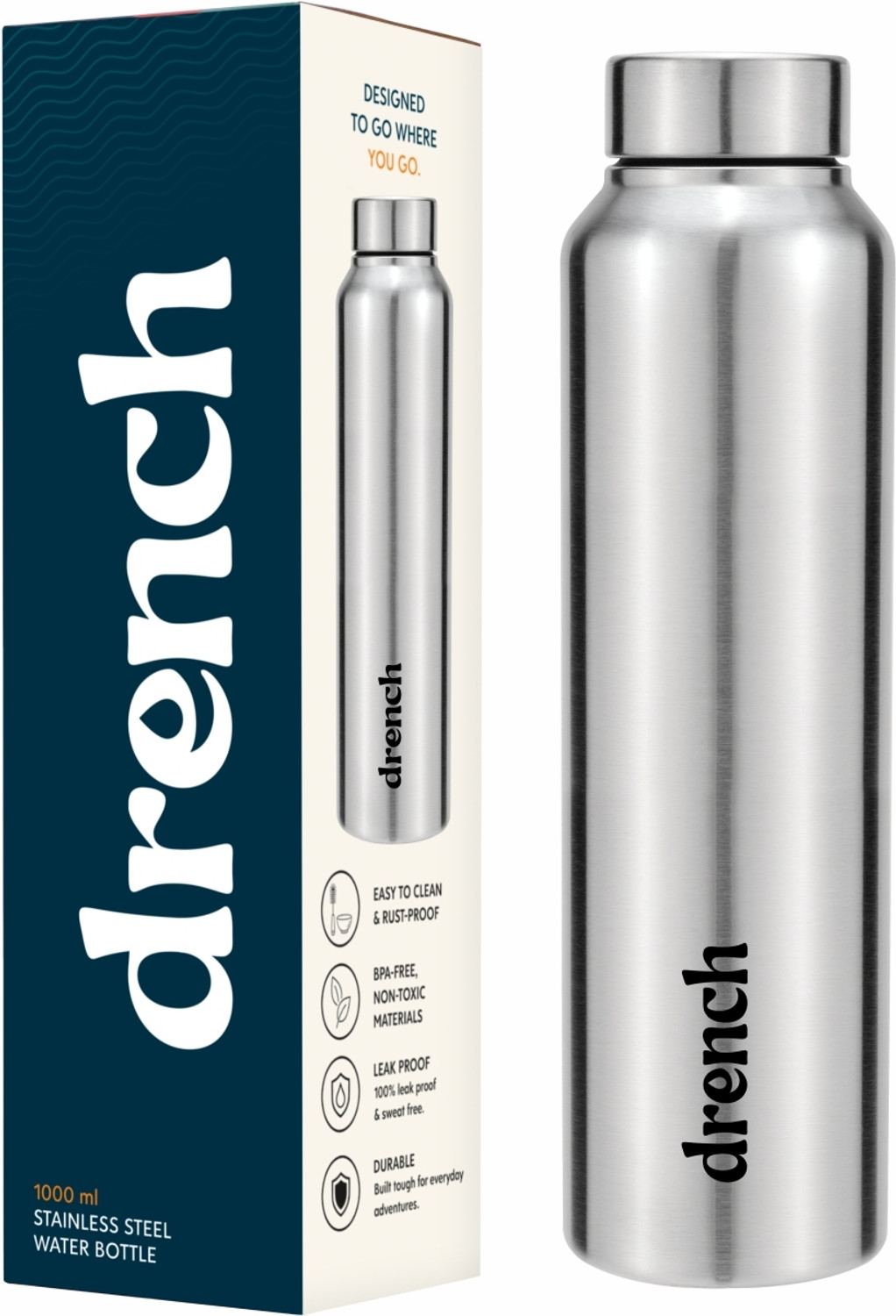 Image of Drench Classic Steel Cap For Fridge / Home / Office / School / Gym / Sports 1000 ml Stainless Steel Bottle
