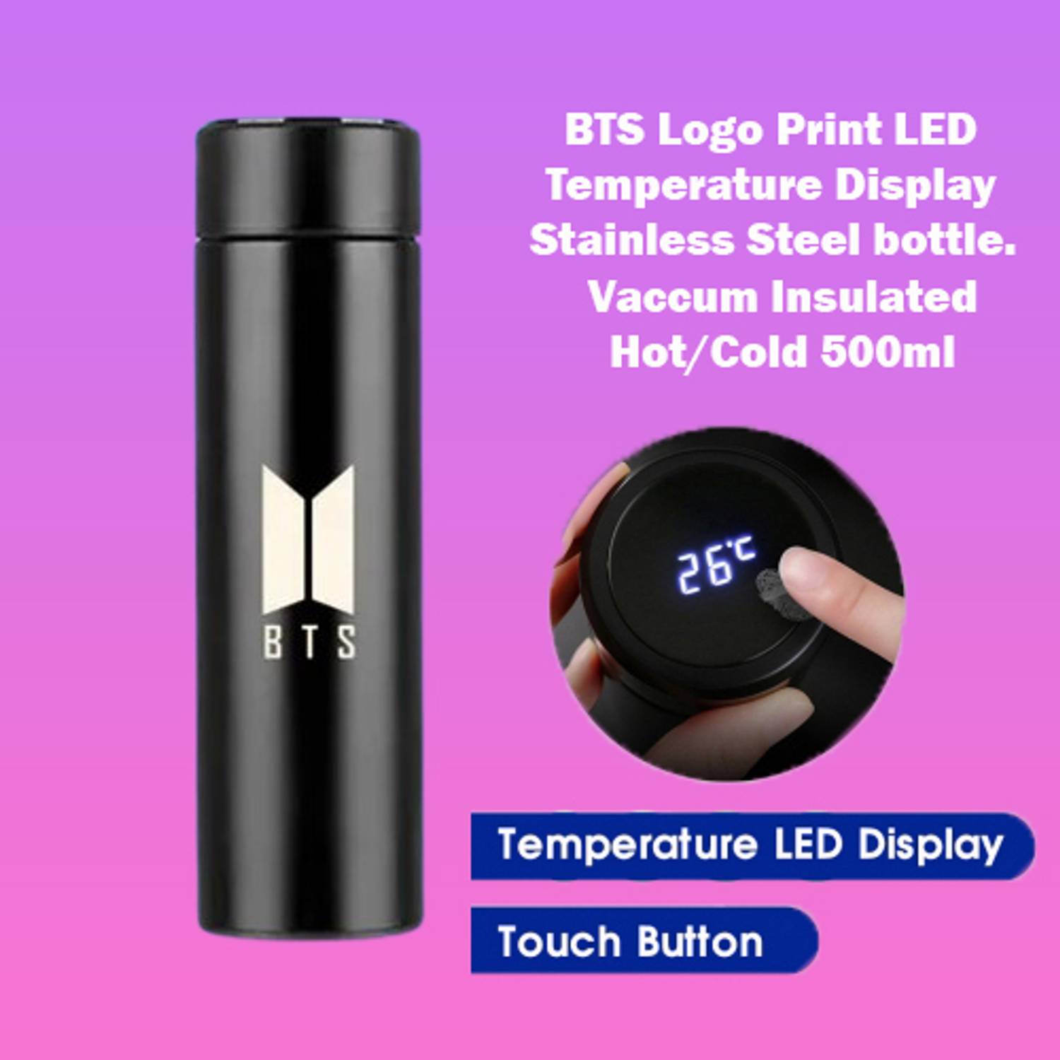 BlueBells Gifting BTS Logo Print Black Insulated Temperature Bottle StainlessSteel 500ml 500 ml Steel Bottle