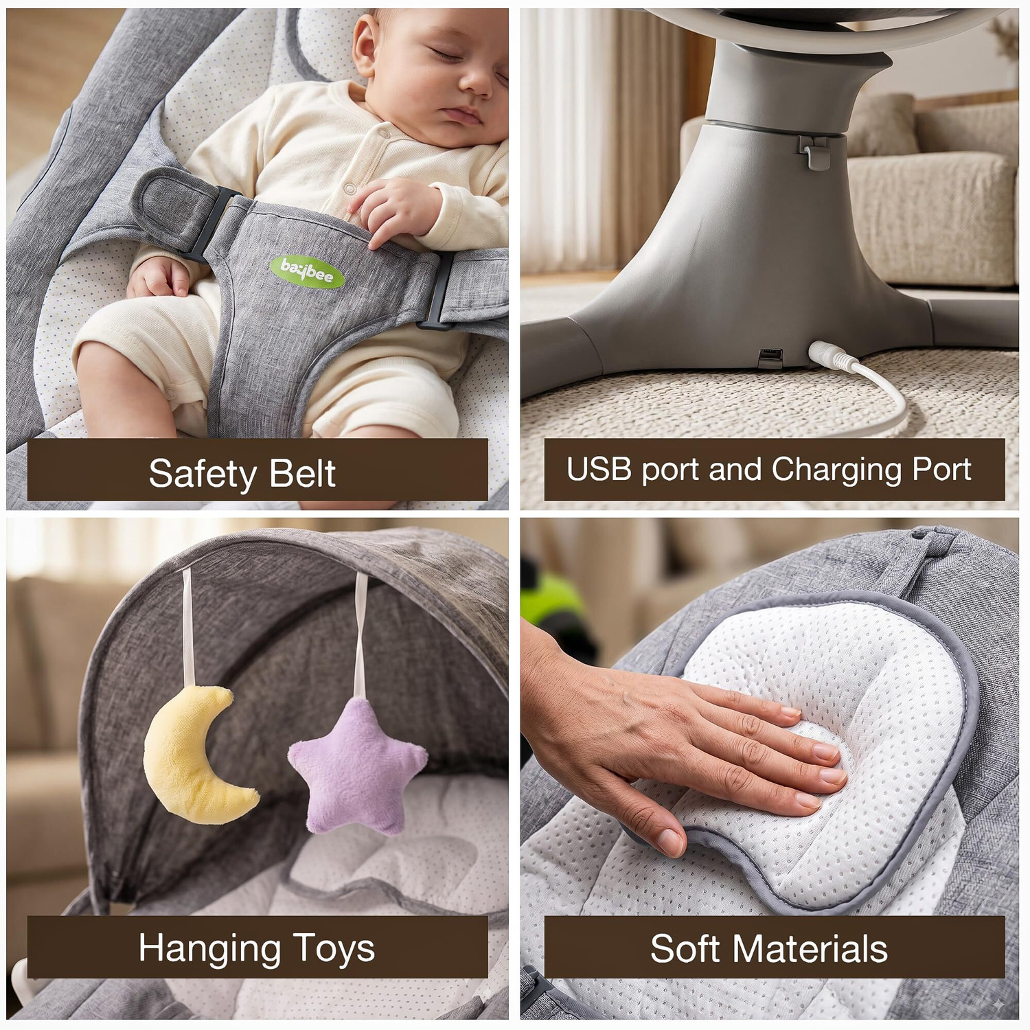 Image of baybee Electric Baby Swing Cradle | 5-Speed Automatic Swing with Music & Bluetooth Bouncer (Grey)