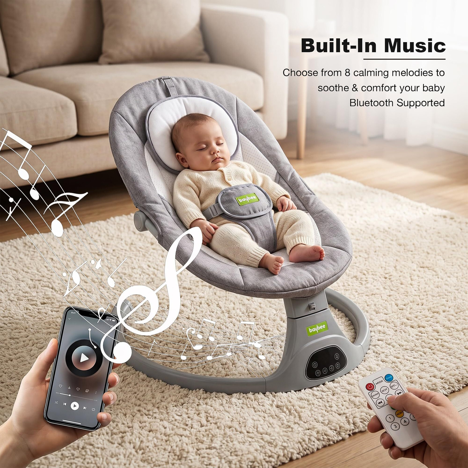 Image of baybee Electric Baby Swing Cradle | 5-Speed Automatic Swing with Music & Bluetooth Bouncer (Grey)
