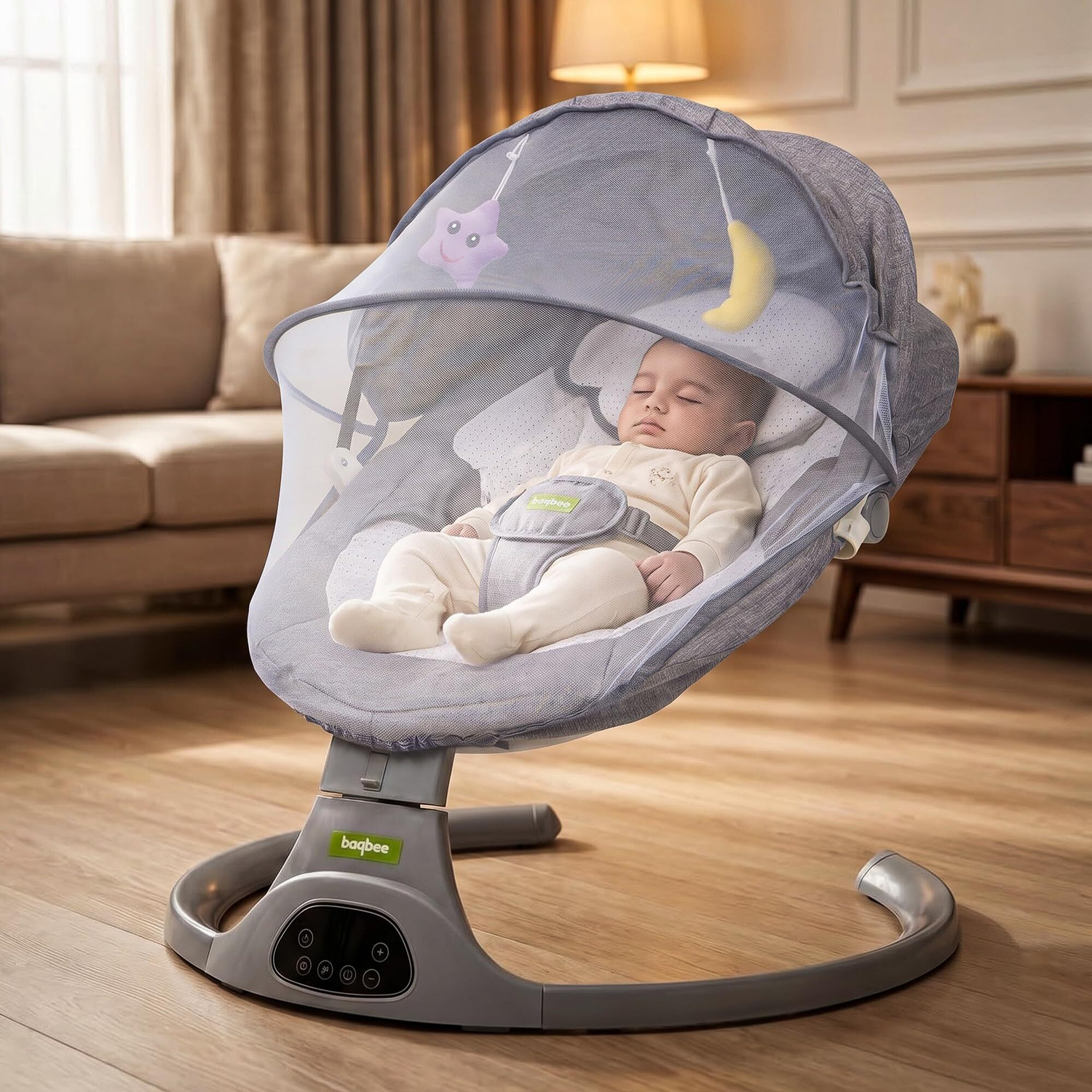 Image of baybee Electric Baby Swing Cradle | 5-Speed Automatic Swing with Music & Bluetooth Bouncer (Grey)