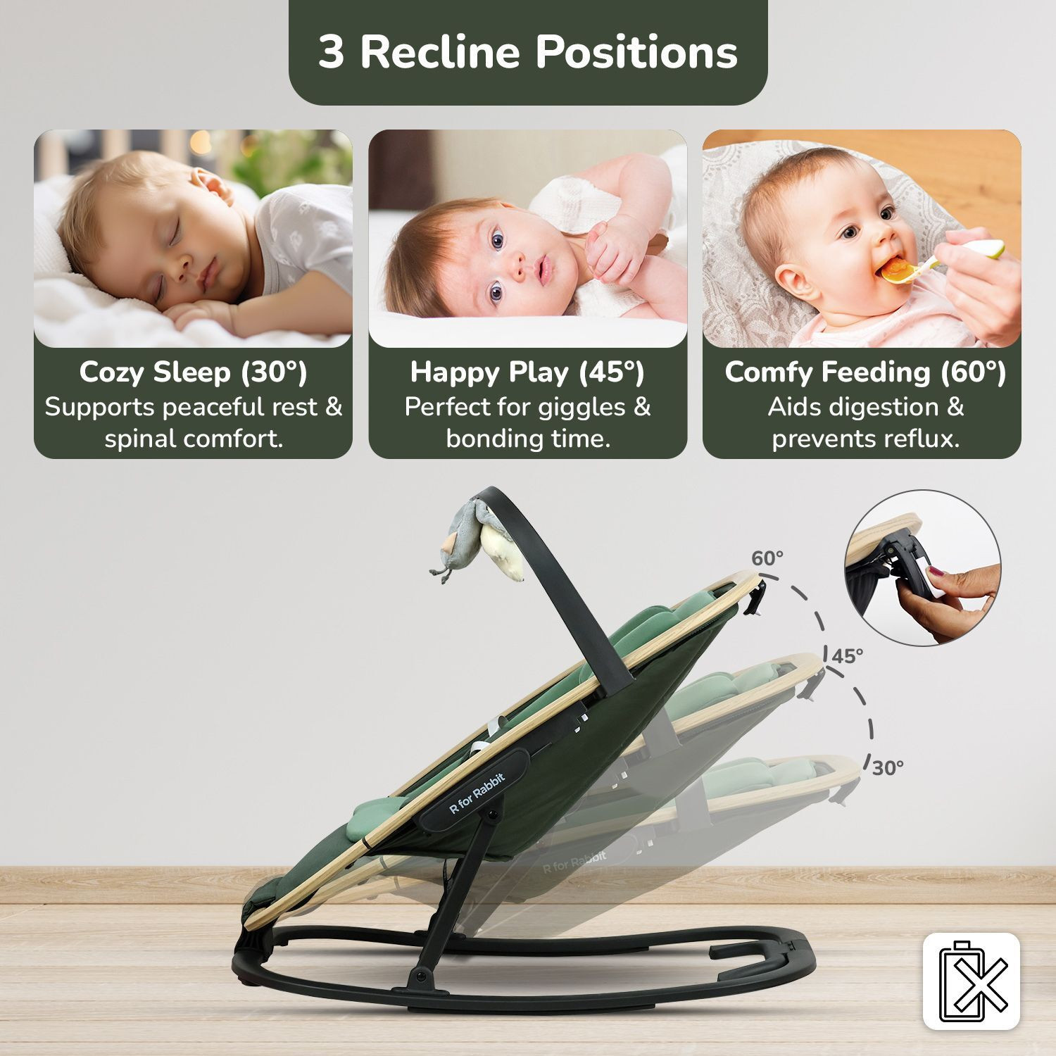 Image of R for Rabbit Rock N Nap Bliss Rocker for Babies with 3 Point Safety Harness and Light Weight Rocker and Bouncer