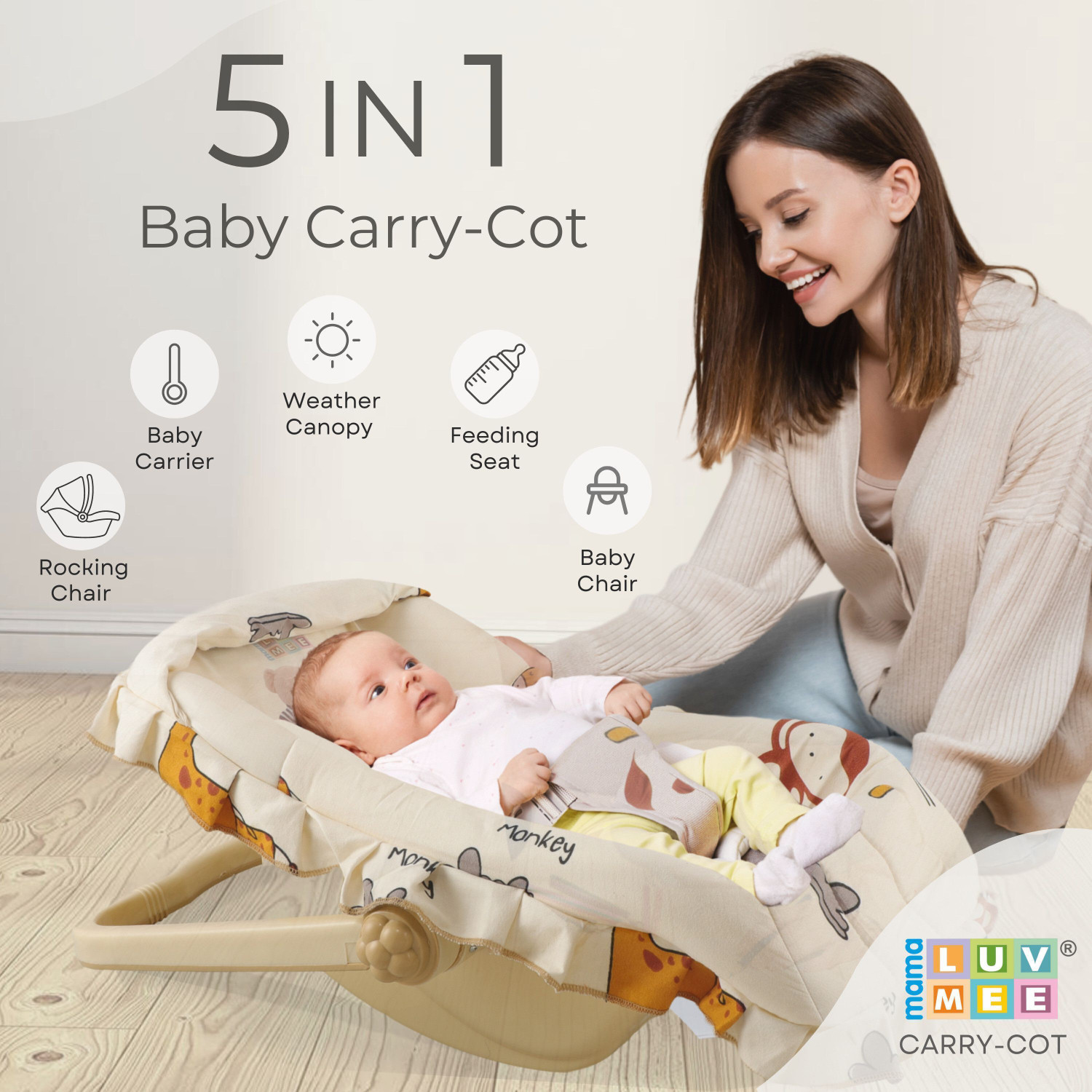 Image of mama luv mee 5 in 1 DLX Baby Carry Cot & Rocking Chair | Adjustable Handle | Safety Belt | Rocker