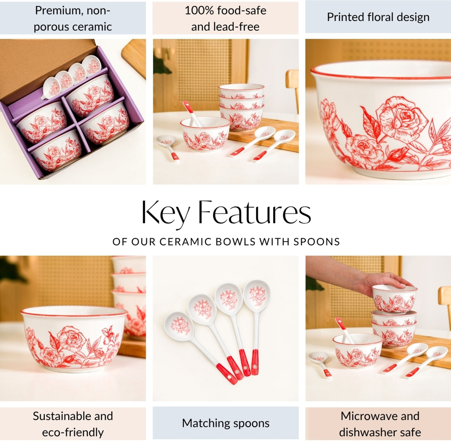 Image of Nestasia Ceramic Serving Bowl Floral Ceramic Bowls with Matching Spoons