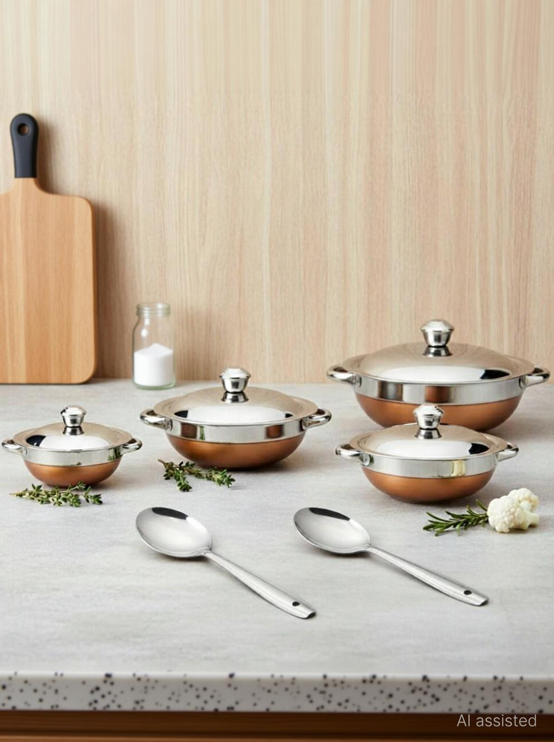 Image of LAZYwindow Stainless Steel Serving Bowl Set (4 Bowls with Lids, 2 Spoons) | Durable & Lightweight