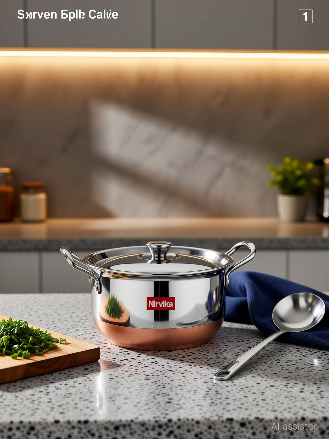 Image of Nirvika Stainless Steel Serving Bowl Stainless Steel Handi Set 3 PCS (3 Piece) Kitchen Serving, Cooking Bowl Kadha Copper Bottom Stainless Steel with Copper Bottom Cook and Serve Cookware Set Handi with Lid - Set of 3 Pcs Cookware Set (Copper)