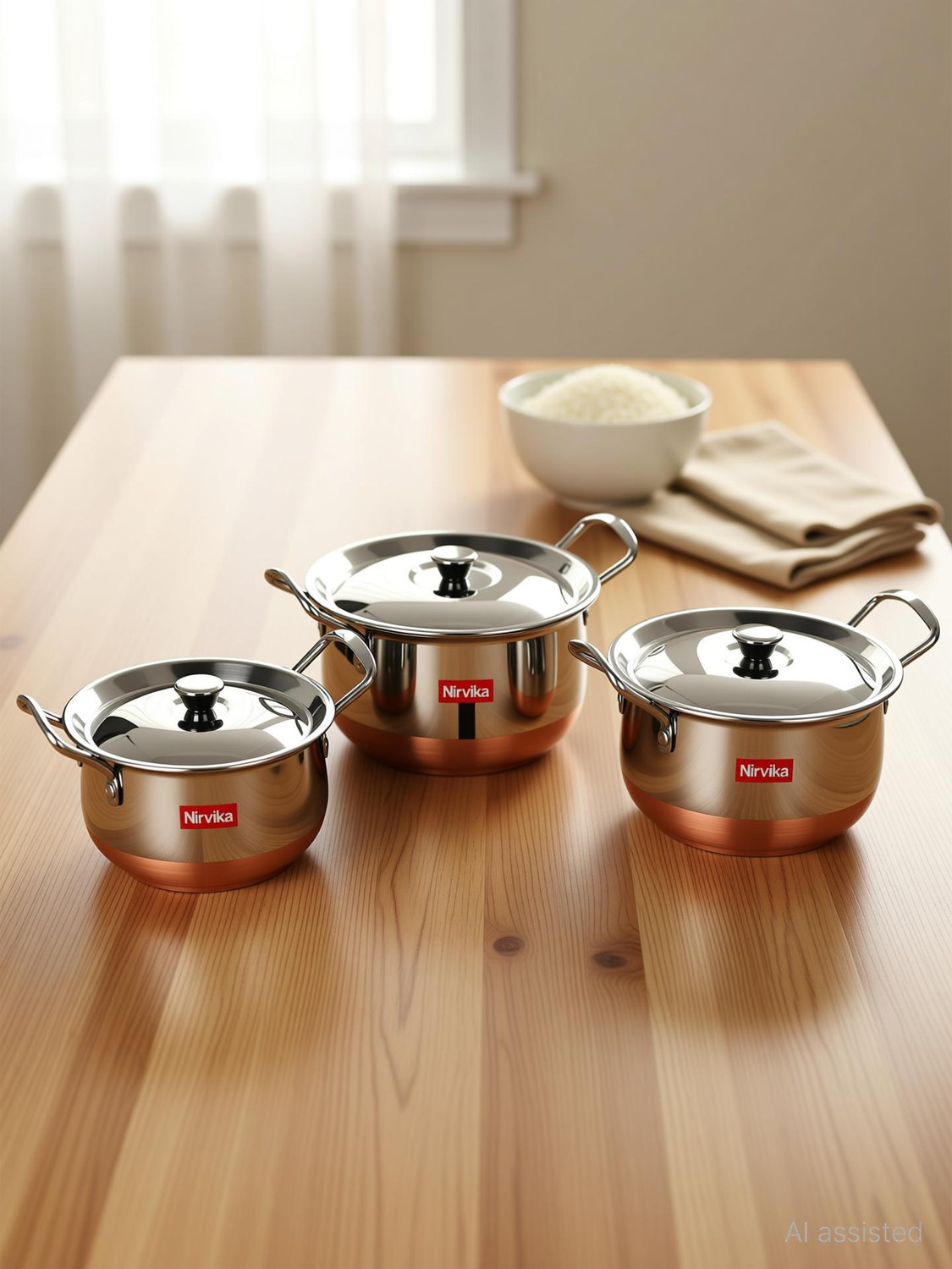Image of Nirvika Stainless Steel Serving Bowl Stainless Steel Handi Set 3 PCS (3 Piece) Kitchen Serving, Cooking Bowl Kadha Copper Bottom Stainless Steel with Copper Bottom Cook and Serve Cookware Set Handi with Lid - Set of 3 Pcs Cookware Set (Copper)