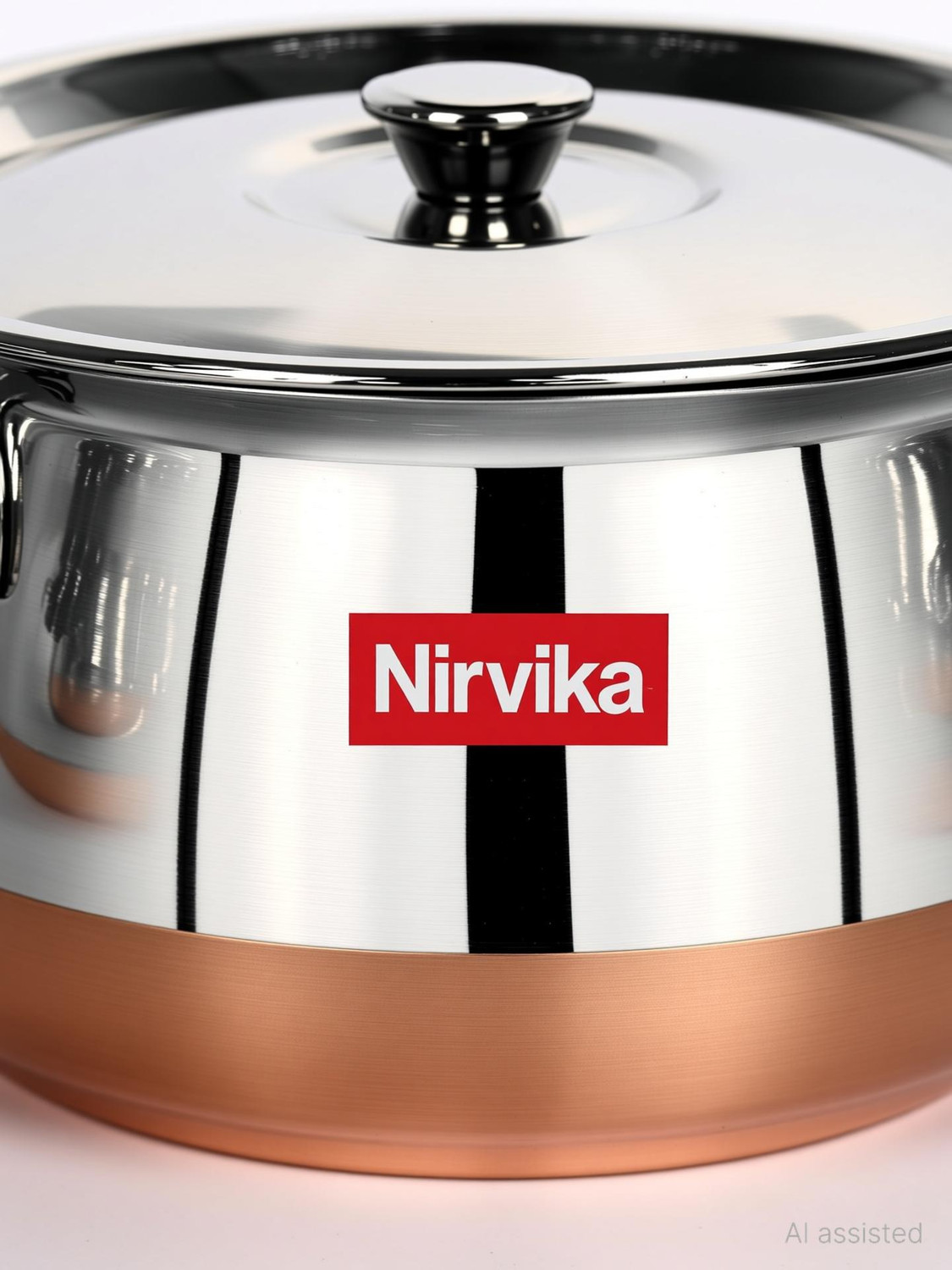 Image of Nirvika Stainless Steel Serving Bowl Stainless Steel Handi Set 3 PCS (3 Piece) Kitchen Serving, Cooking Bowl Kadha Copper Bottom Stainless Steel with Copper Bottom Cook and Serve Cookware Set Handi with Lid - Set of 3 Pcs Cookware Set (Copper)