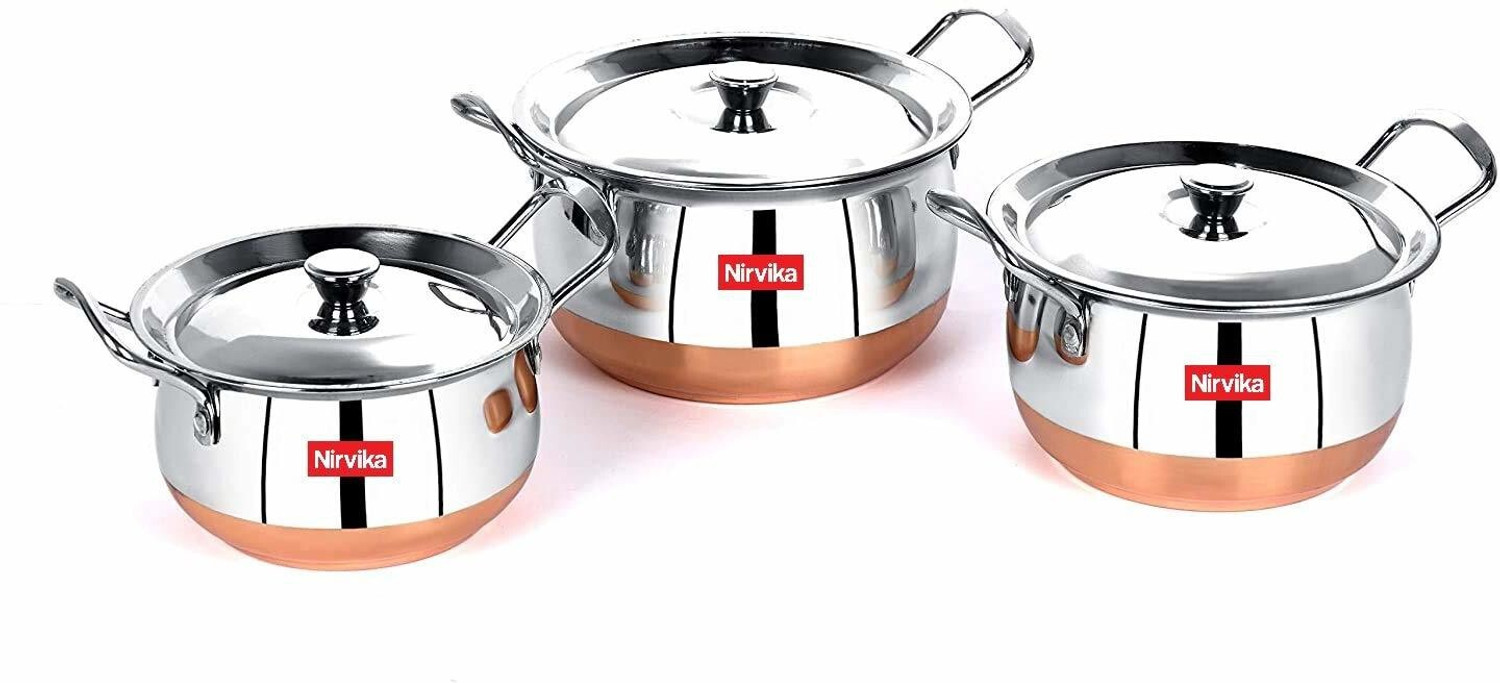 Image of Nirvika Stainless Steel Serving Bowl Stainless Steel Handi Set 3 PCS (3 Piece) Kitchen Serving, Cooking Bowl Kadha Copper Bottom Stainless Steel with Copper Bottom Cook and Serve Cookware Set Handi with Lid - Set of 3 Pcs Cookware Set (Copper)