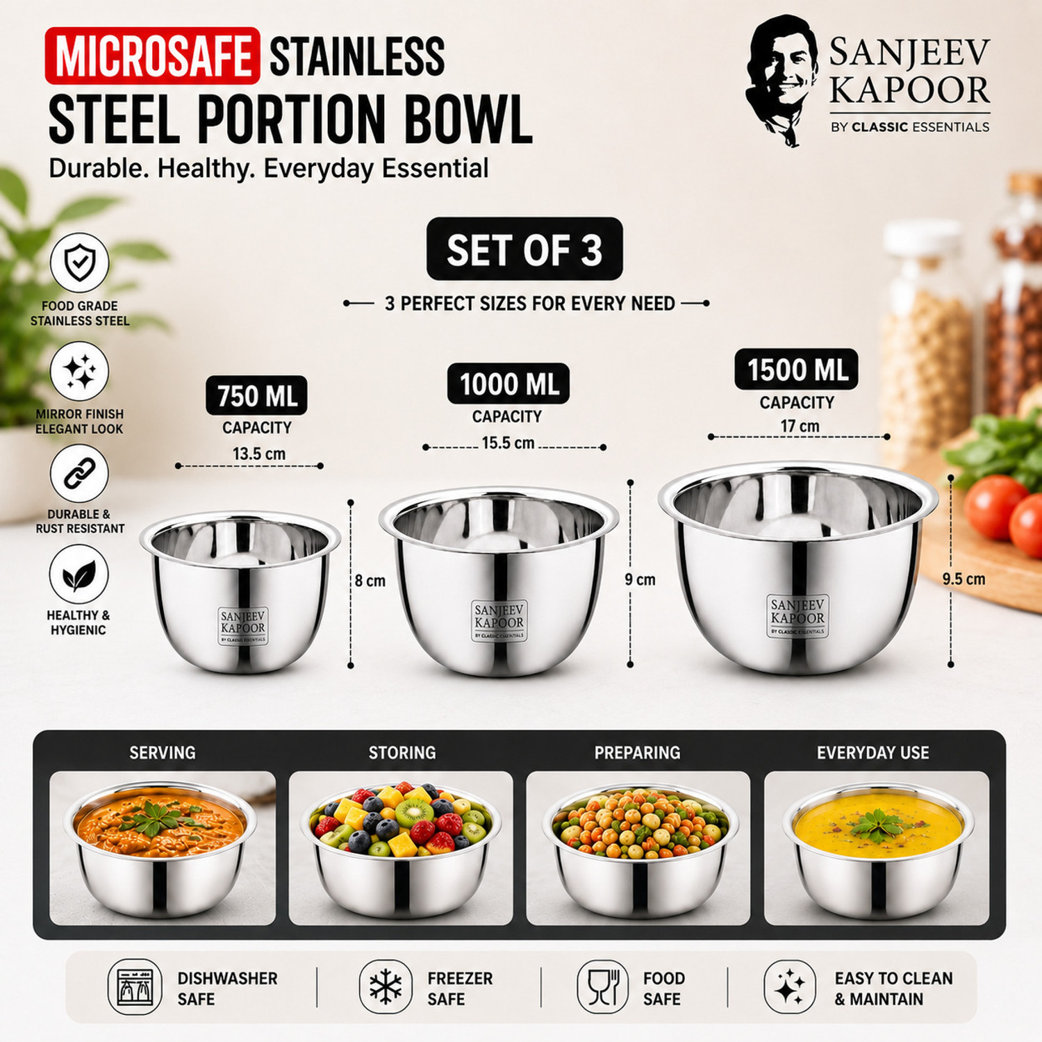 Image of Sanjeev Kapoor Stainless Steel Serving Bowl by Classic Essentials Microwave Safe Steel Bowl Set (750ml, 1000ml, 1500ml)