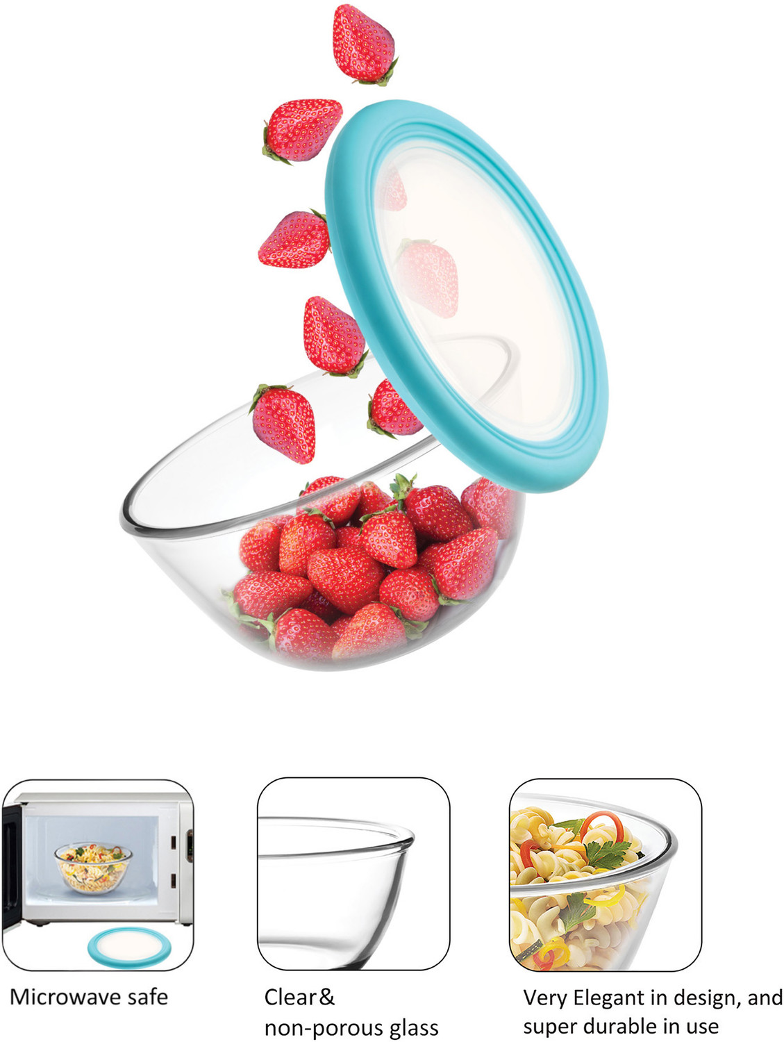 Image of cello Glass Mixing Bowl Ornella with Lid Toughened (500ml, 1000ml, 1500ml, Transparent) (Pack of 3, Multicolor)