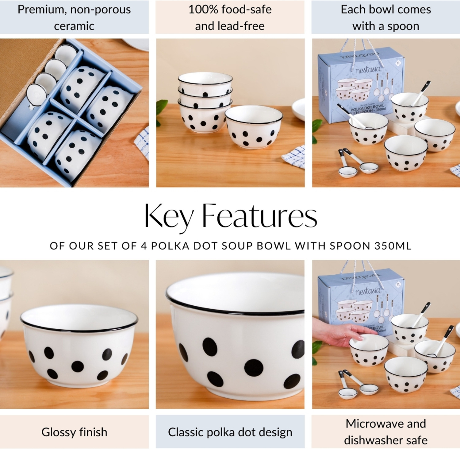 Image of Nestasia Ceramic Serving Bowl Set Of 4 Polka Dot Soup Bowl With Spoon