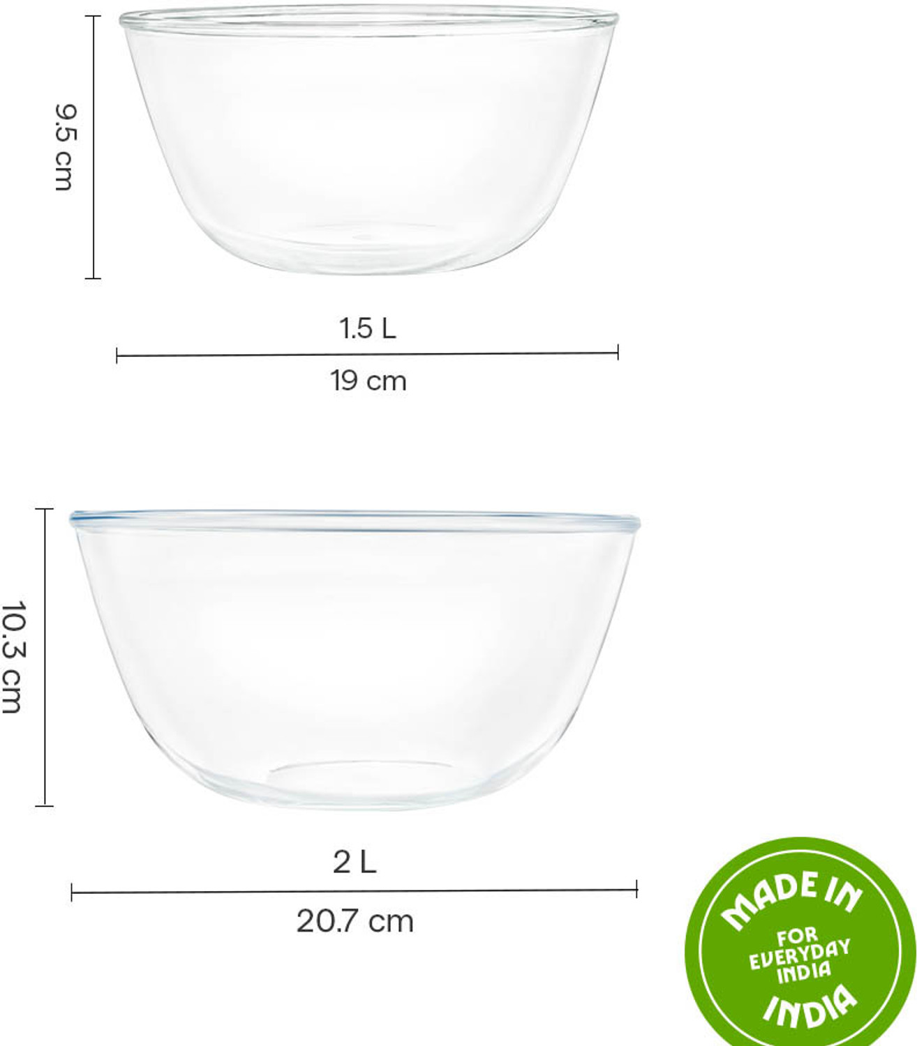 Image of BOROSIL Borosilicate Glass Mixing Bowl 1.5L + 2L Round Serving & Mixing Bowl, Microwave & Dishwasher Safe