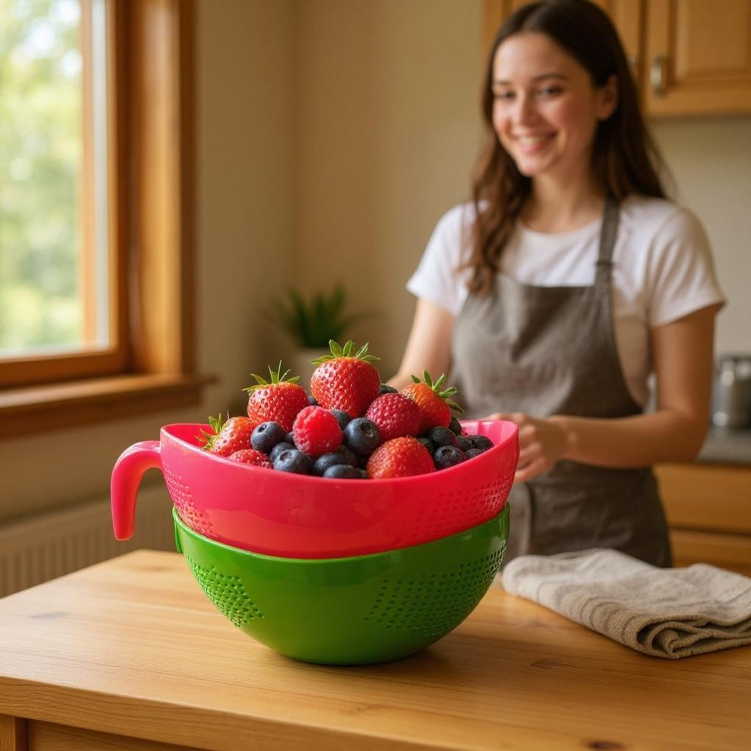 Image of STREPTO Kitchen Rice Bowl Plastic Fruit Bowl Thick Drain Basket with Handle Collapsible Sieve