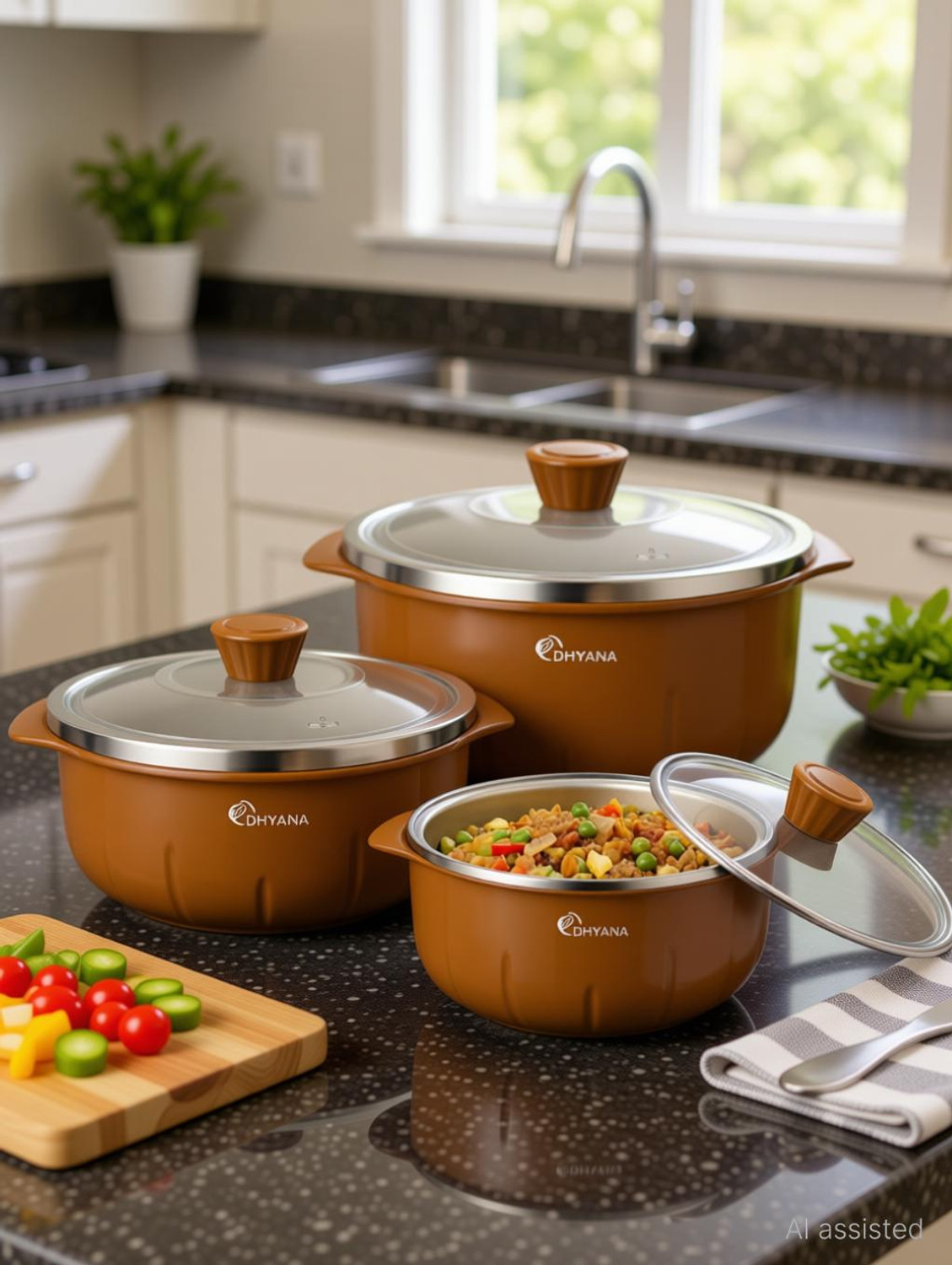 Image of Dhyana Stainless Steel Serving Bowl Serving Bowl 3 Pcs Set Microwave Safe Bowl (Pack of 3) 1000ml, 1400ml, 2200ml
