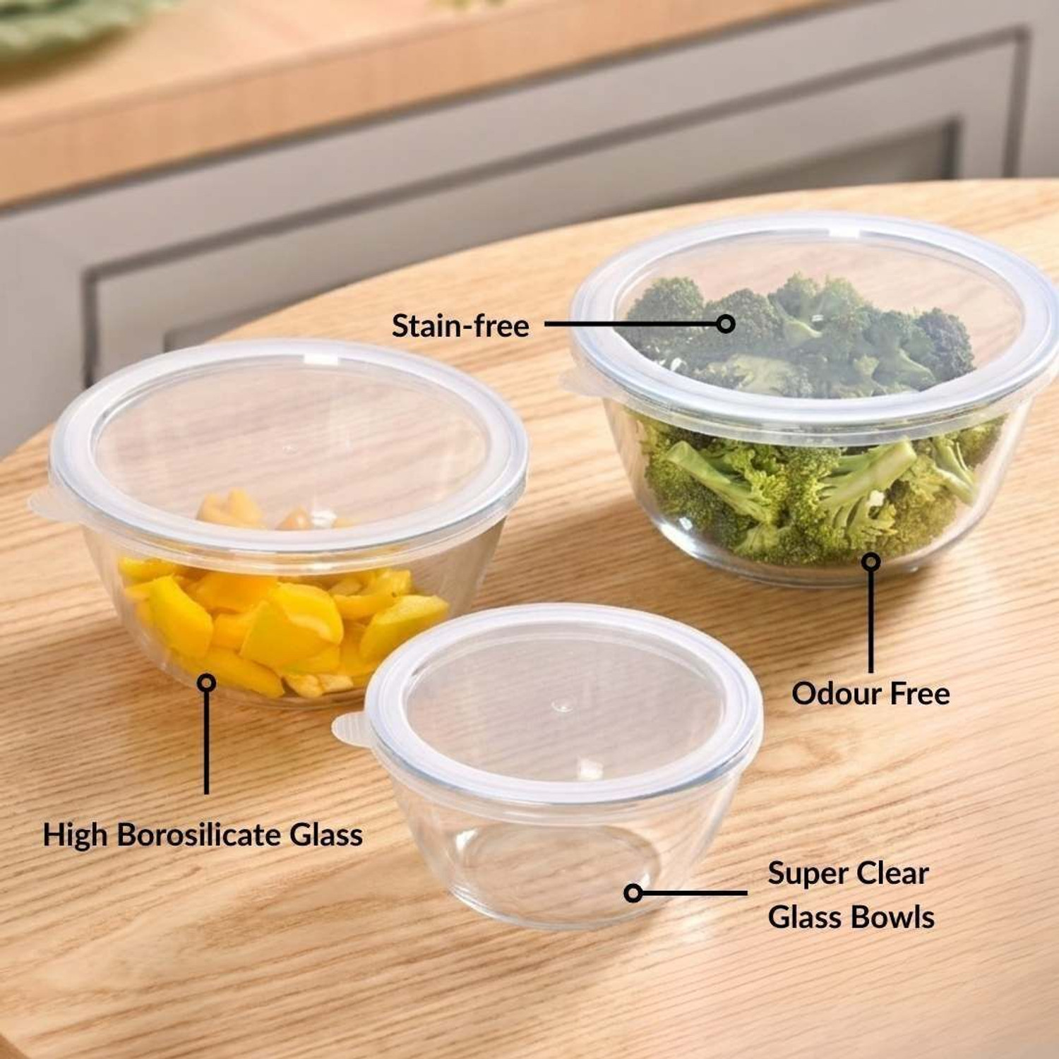 Image of Nestasia Glass Serving Bowl Set of 3 Borosilicate Glass Mixing Bowls with Lid, Microwave, Dishwasher Safe