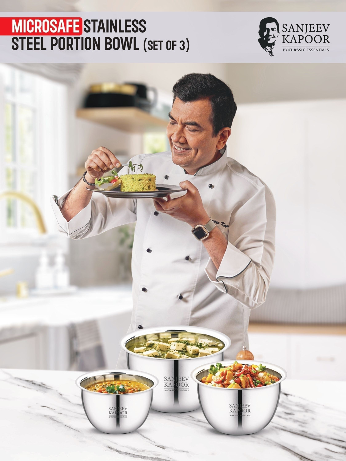 Image of Sanjeev Kapoor Stainless Steel Serving Bowl by Classic Essentials Microwave Safe Steel Bowl Set (750ml, 1000ml, 1500ml)