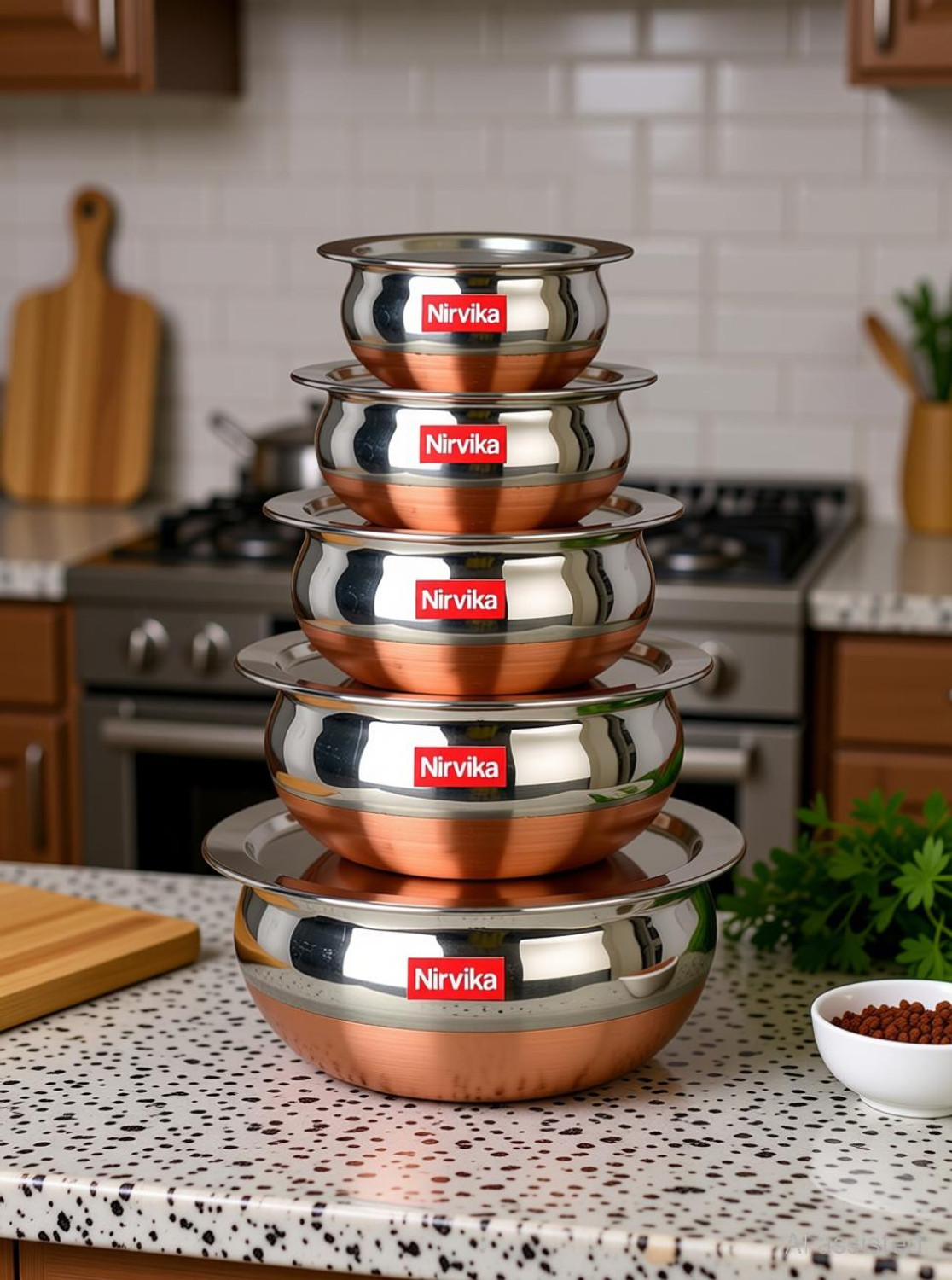 Image of Nirvika Stainless Steel Serving Bowl Stainless Steel Handi Set Copper Bottom handi set of 5 Cookware / Container /pot pan /patila /bhagona /Serving bowl /biryani cook & serve Set With Lids (Stainless Steel, Copper, Induction Bottom) Capacity 400 ML 650 ML and 800 ML 1200 ML,1600 ml