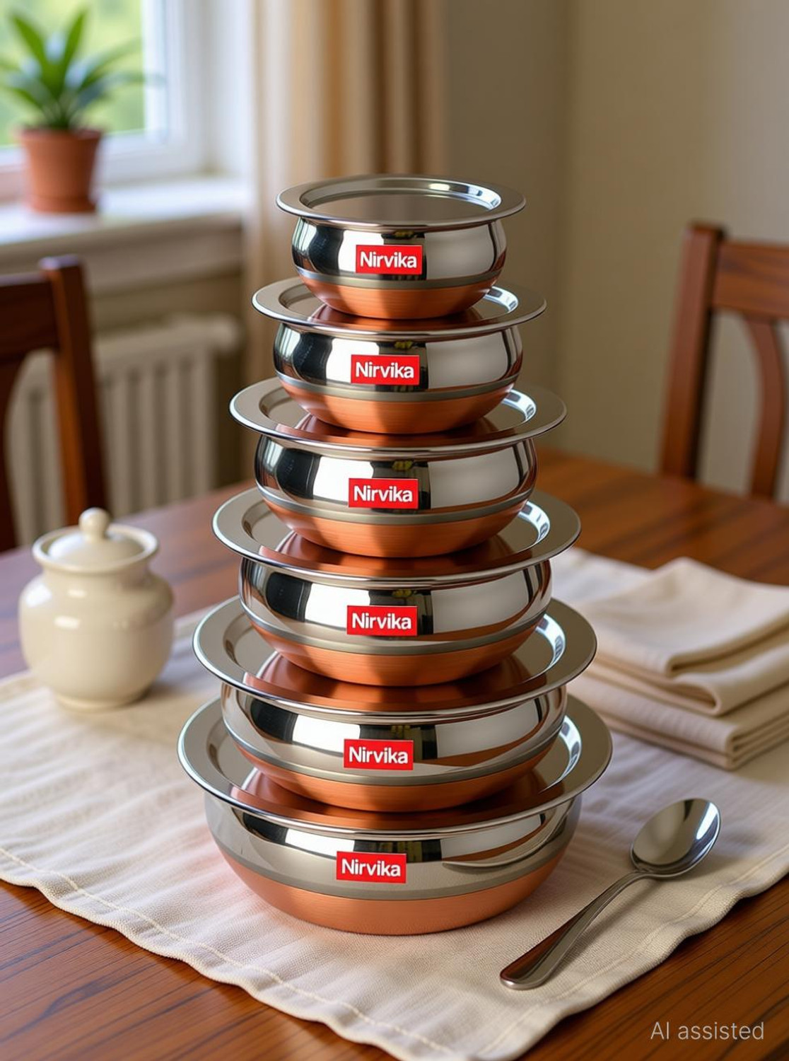 Image of Nirvika Stainless Steel Serving Bowl Stainless Steel Handi Set Copper Bottom handi set of 5 Cookware / Container /pot pan /patila /bhagona /Serving bowl /biryani cook & serve Set With Lids (Stainless Steel, Copper, Induction Bottom) Capacity 400 ML 650 ML and 800 ML 1200 ML,1600 ml